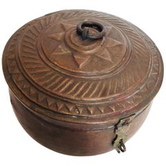 Large Decorative Round Copper Box with Lid Northern India