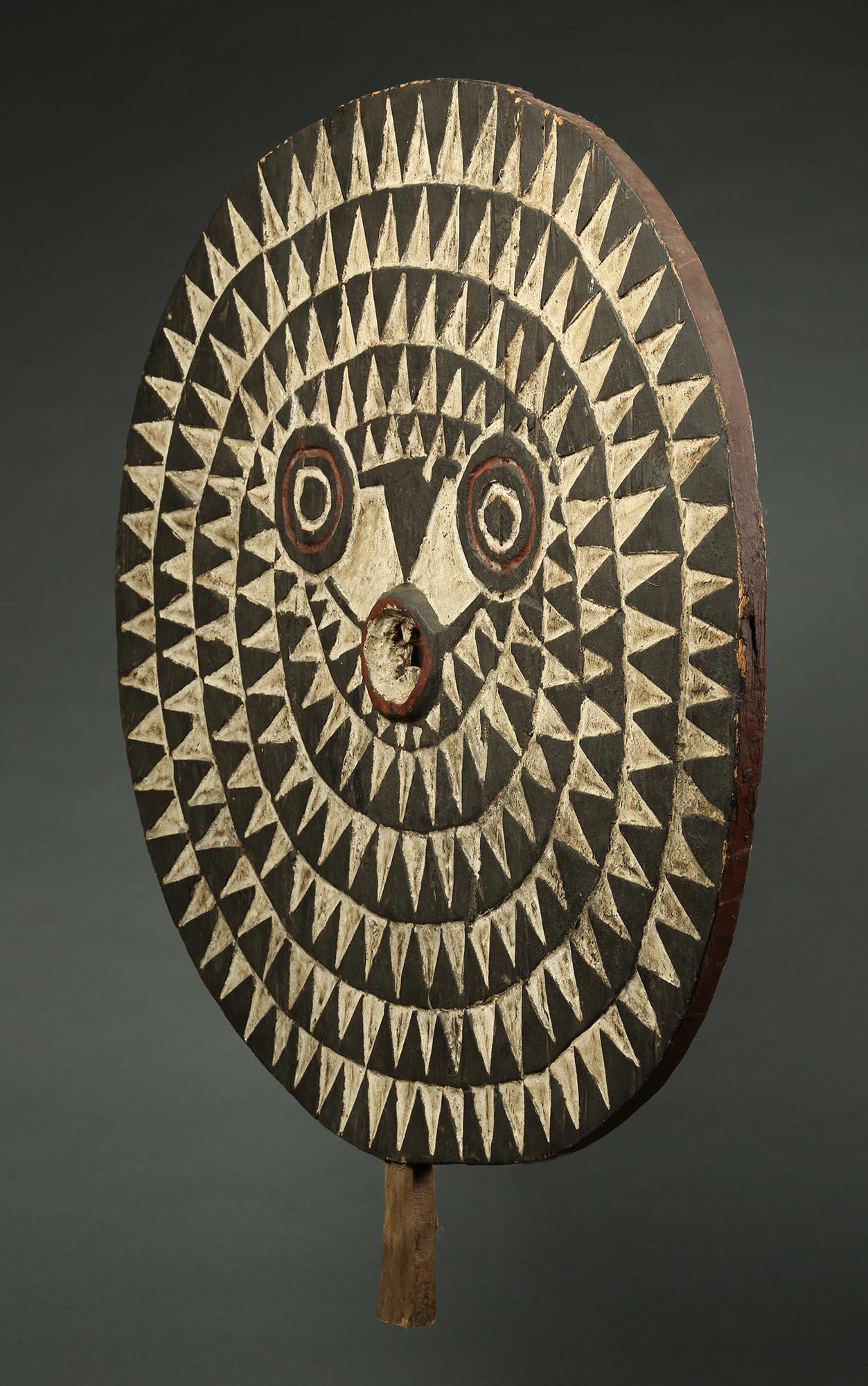 Burkinabe Large Decorative Round Flat Bwa Bird Mask with B & W Geometric Design Wall Art For Sale