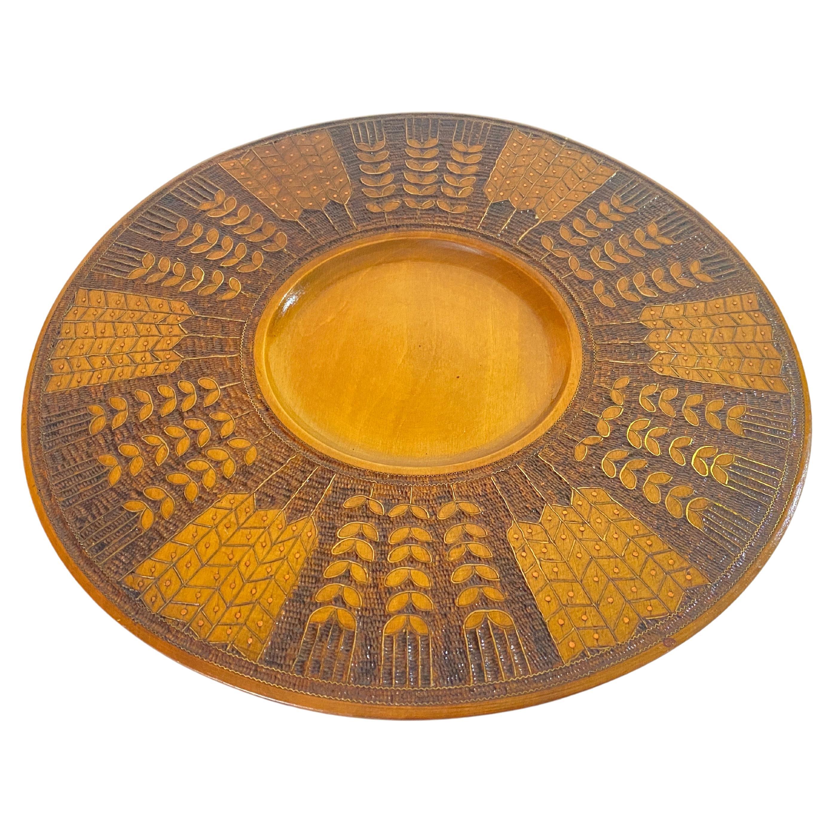 Large Decorative Scandinavian Wood Plate Old Patina Circa 1960 