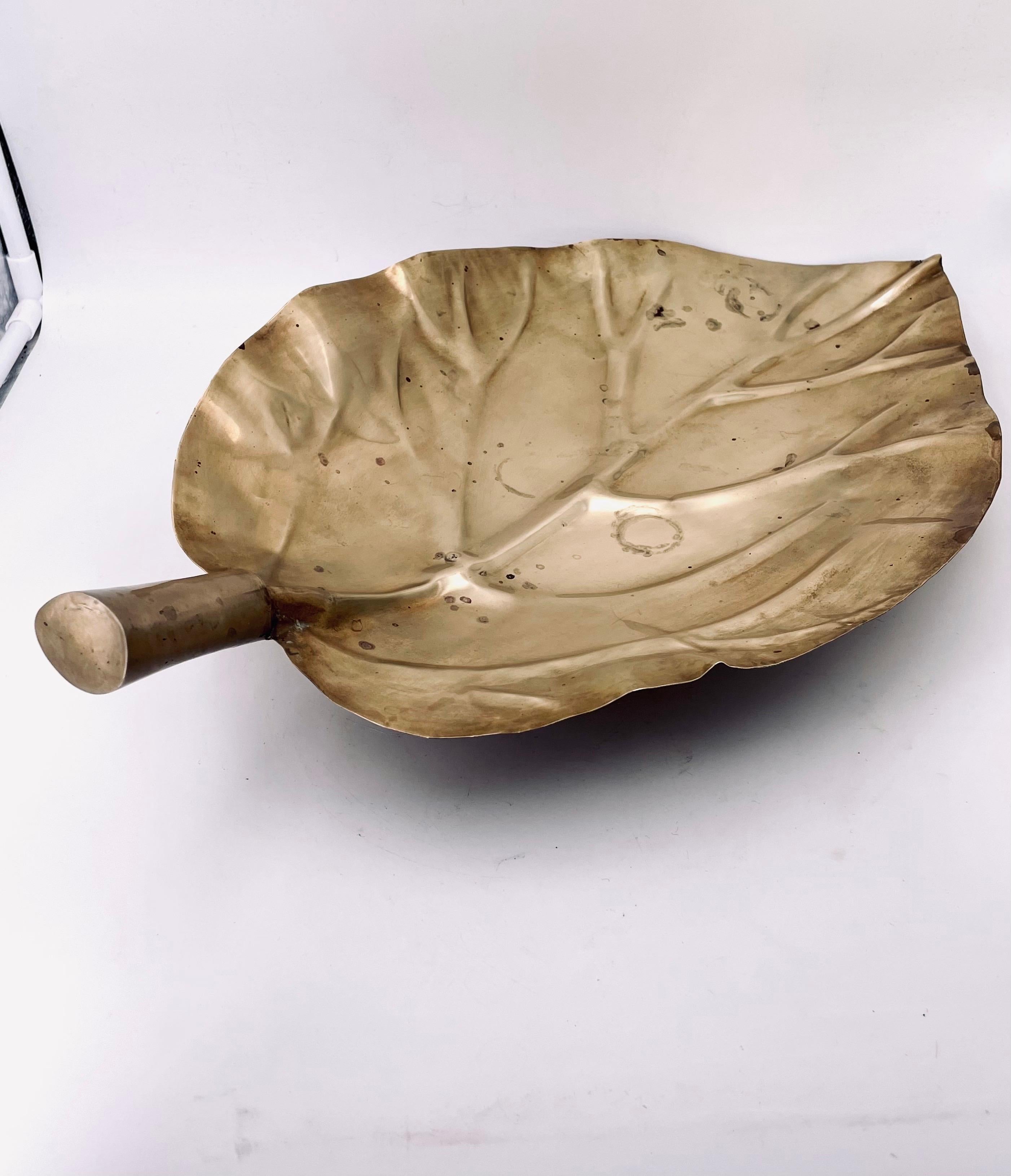 Large Decorative Solid Patinated Brass Leaf Dish after Tomaso Barbi In Good Condition For Sale In San Diego, CA