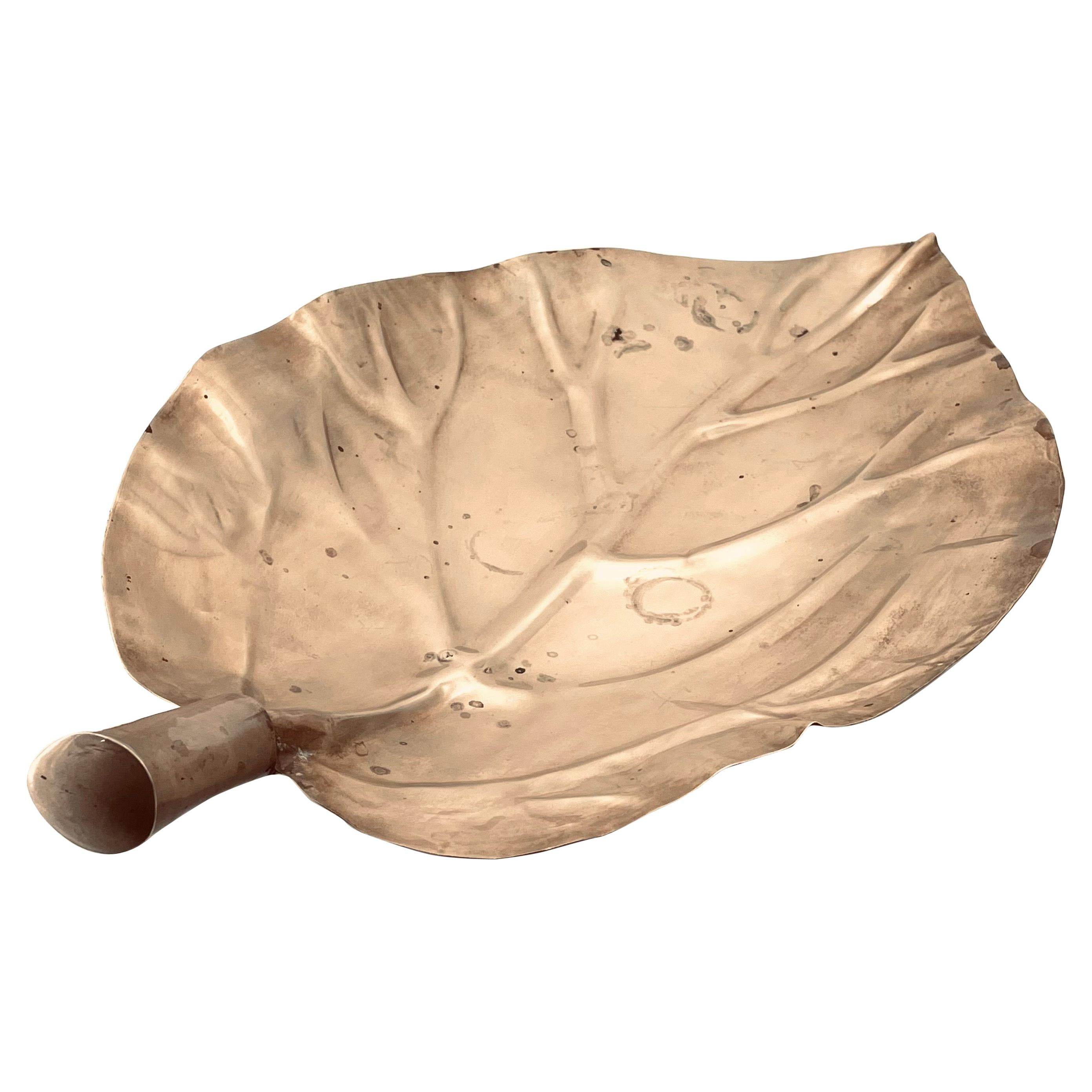 Large Decorative Solid Patinated Brass Leaf Dish after Tomaso Barbi For Sale