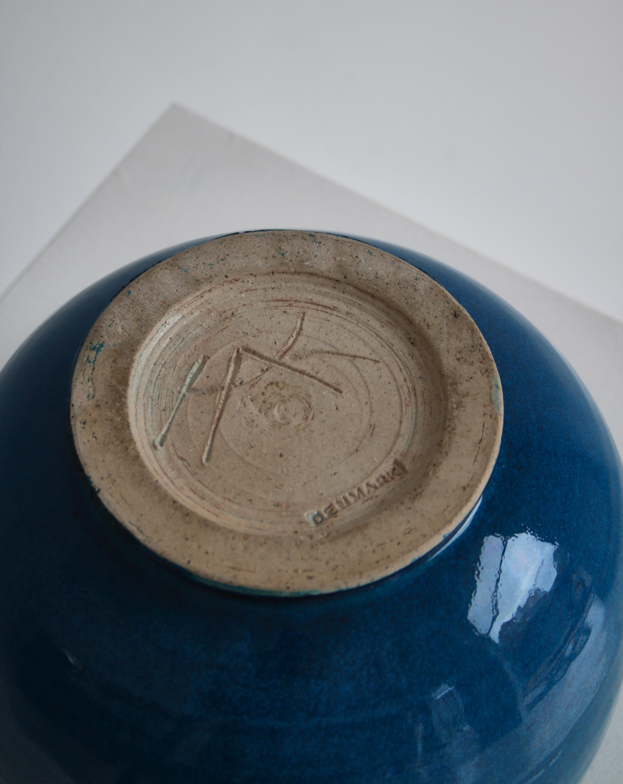 Large Decorative Stoneware Bowl in Blue Glazing by Nils Kähler, Denmark, 1960s 3