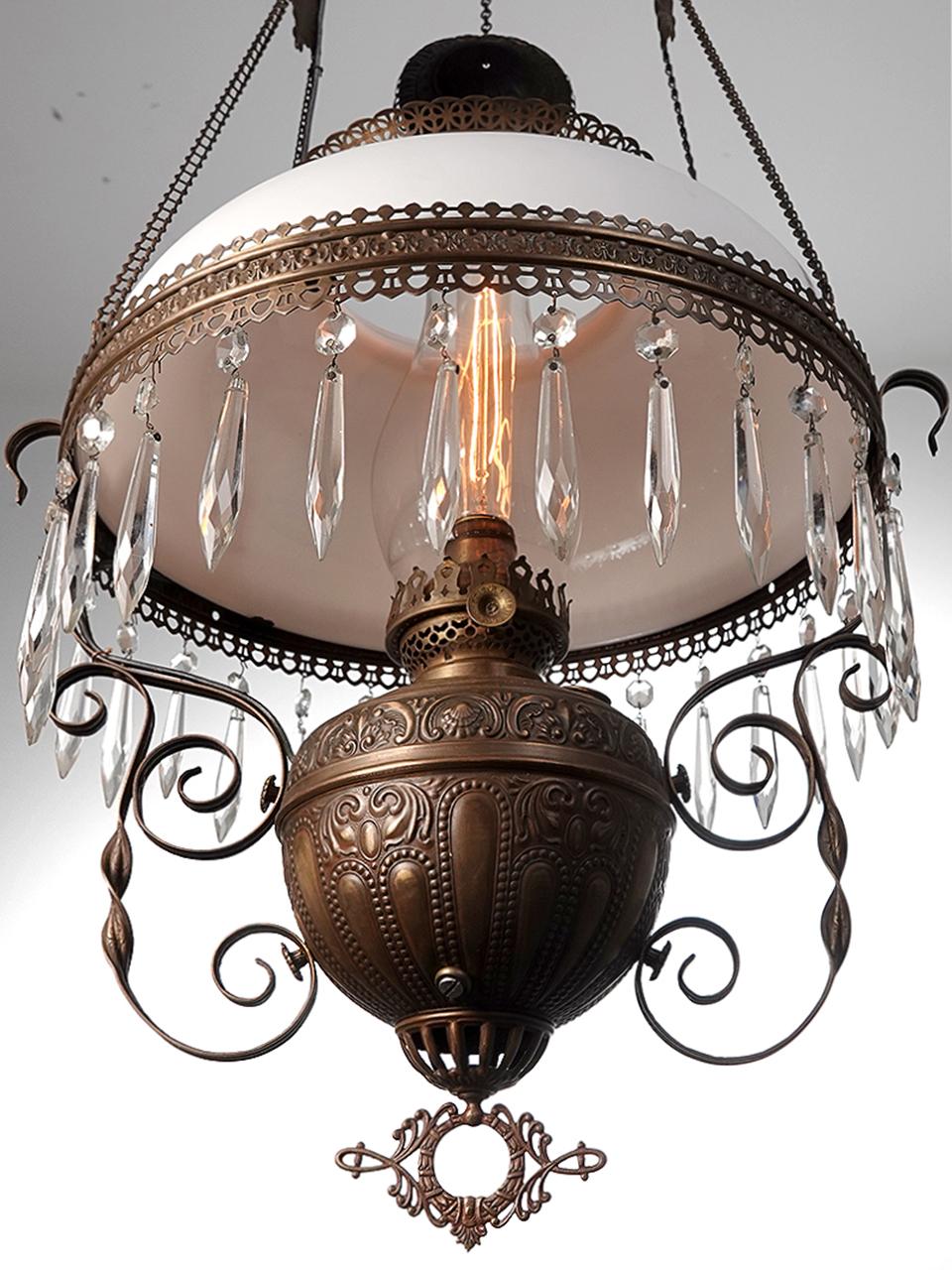 Early Victorian Large Decorative Victorian Oil Hanging Lamp - Newly Wired