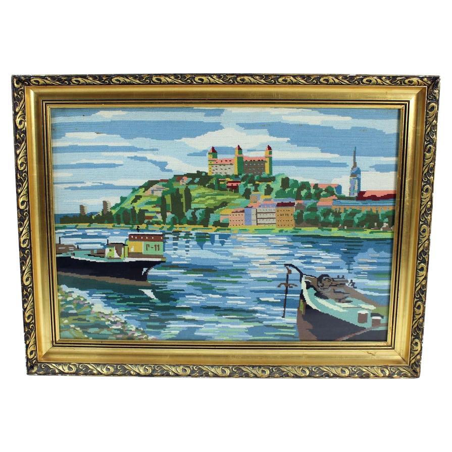 Large Decorative Vintage 1960s Wall Tapestry Art Pictured Bratislava Scenery, Cz For Sale