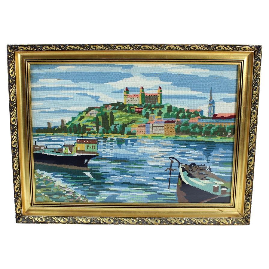 Gran Tapiz Decorativo de Pared Vintage de los Años 60 con Paisaje de Bratislava, Cz en venta