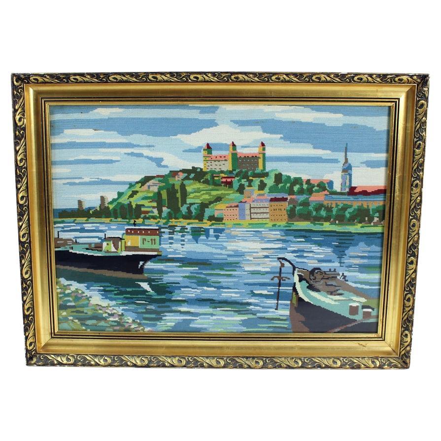 Große dekorative Vintage 1960er Jahre Wandteppich Kunst abgebildet Bratislava Scenery, Cz