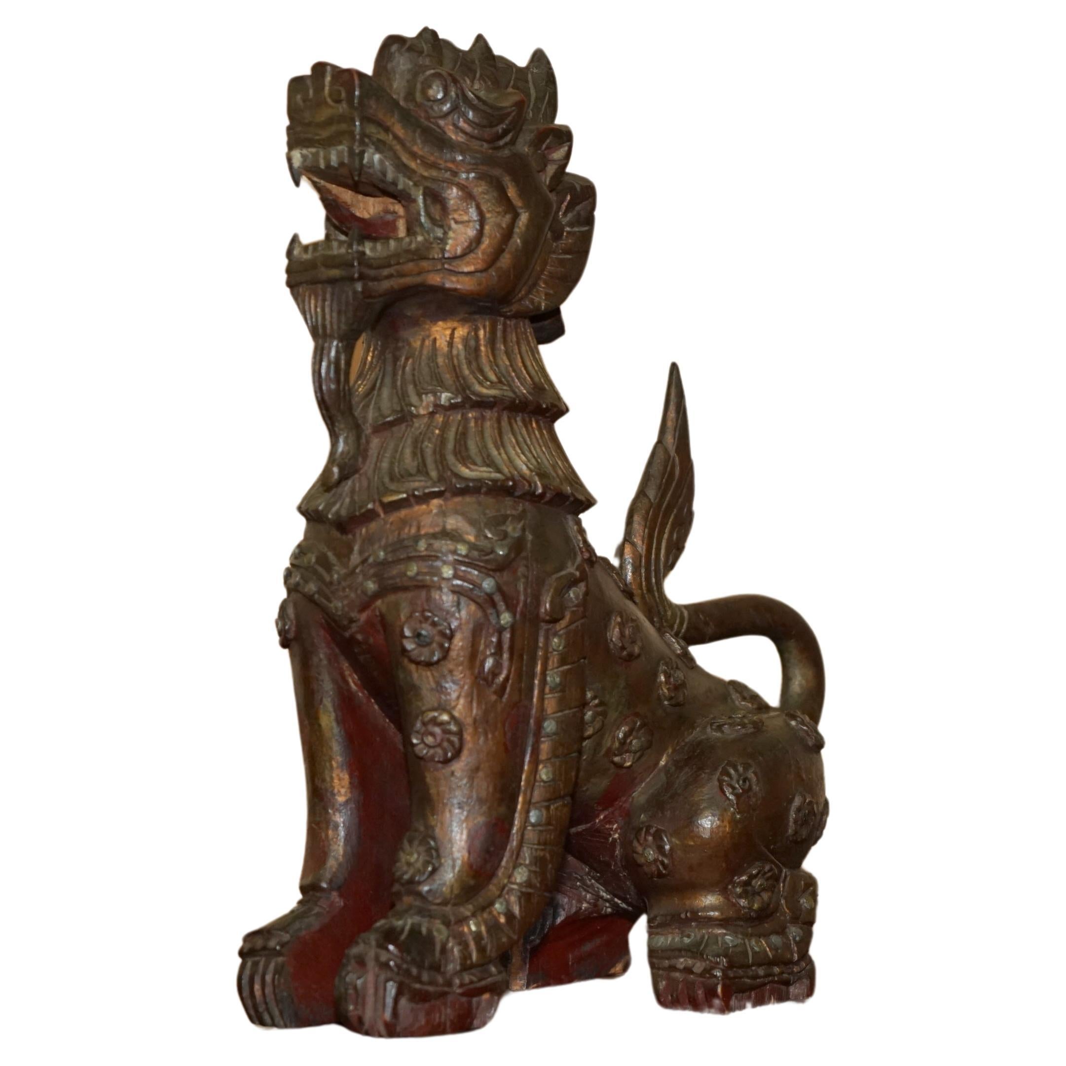 LARGE DECORATIVE VINTAGE MiD CENTURY HAND CARVED CHINESE LION FOO DOG STATUE For Sale