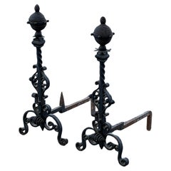 Large Decorative Wrought Iron Andirons ca
 1930
s
