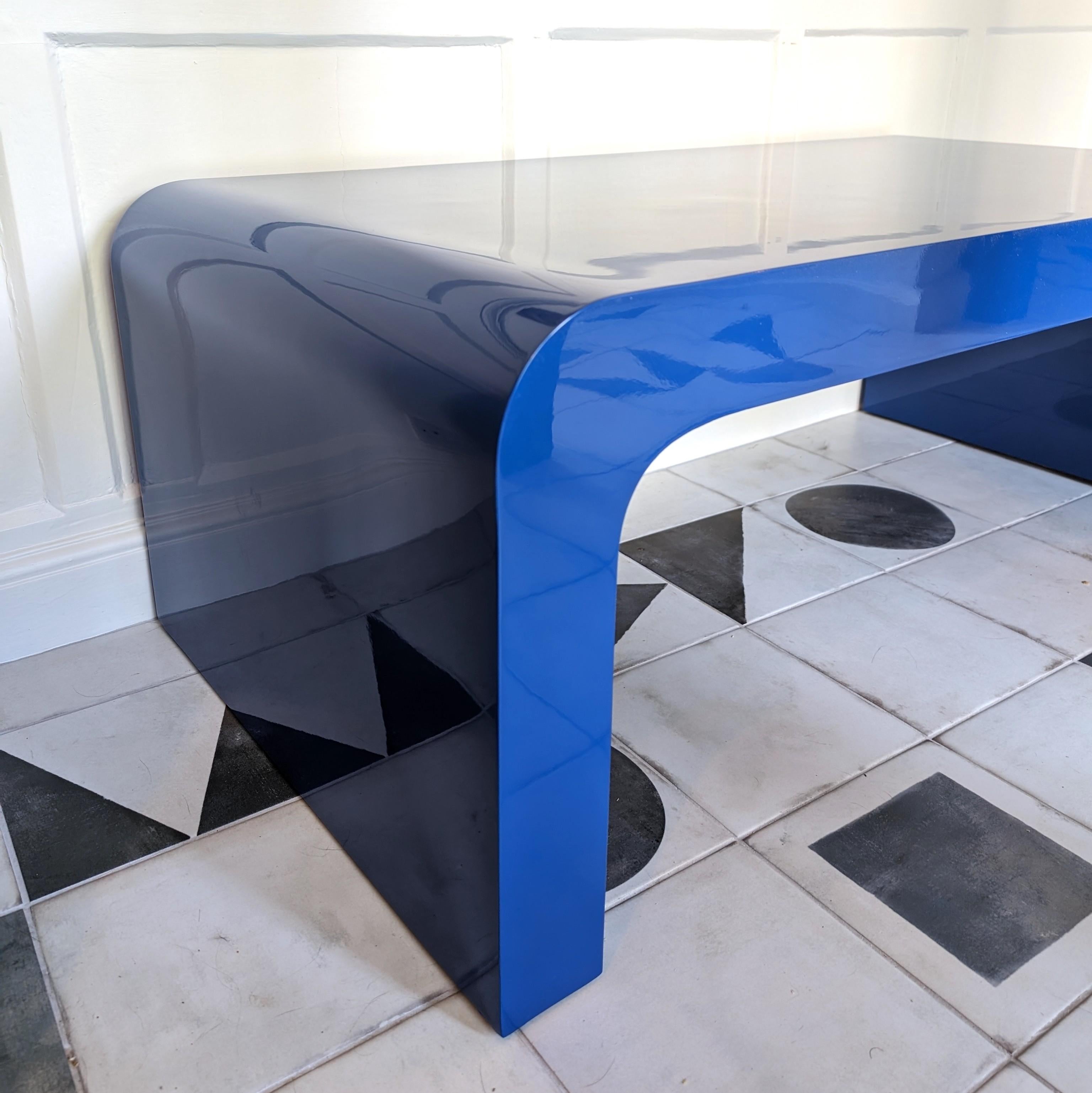 Large deep blue postmodern vintage lacquer waterfall coffee table, USA 1980s 4