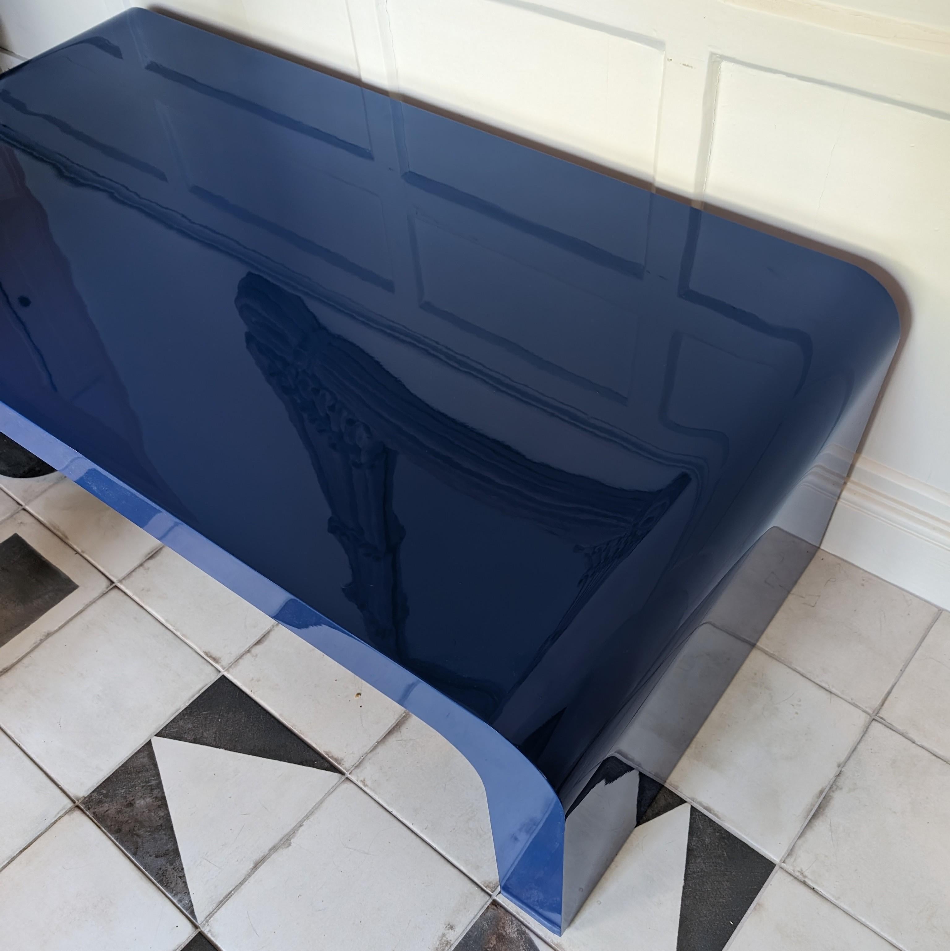 Large deep blue postmodern vintage lacquer waterfall coffee table, USA 1980s 6