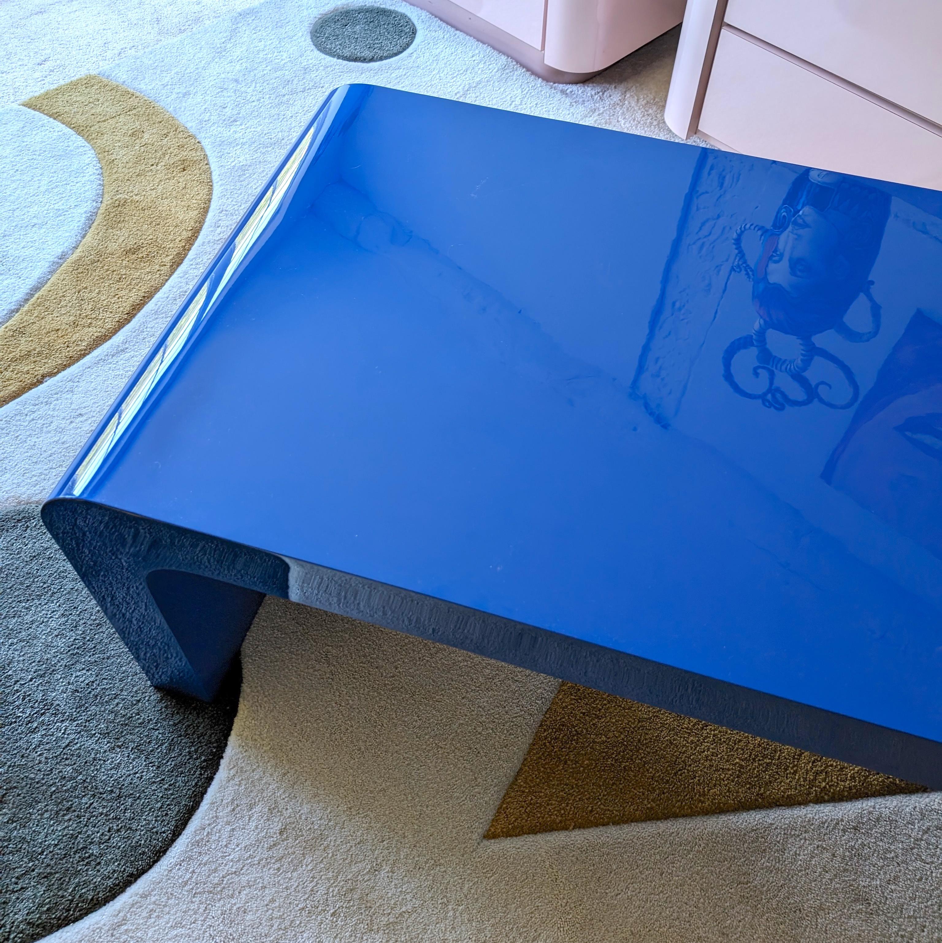 Large deep blue postmodern vintage lacquer waterfall coffee table, USA 1980s 7