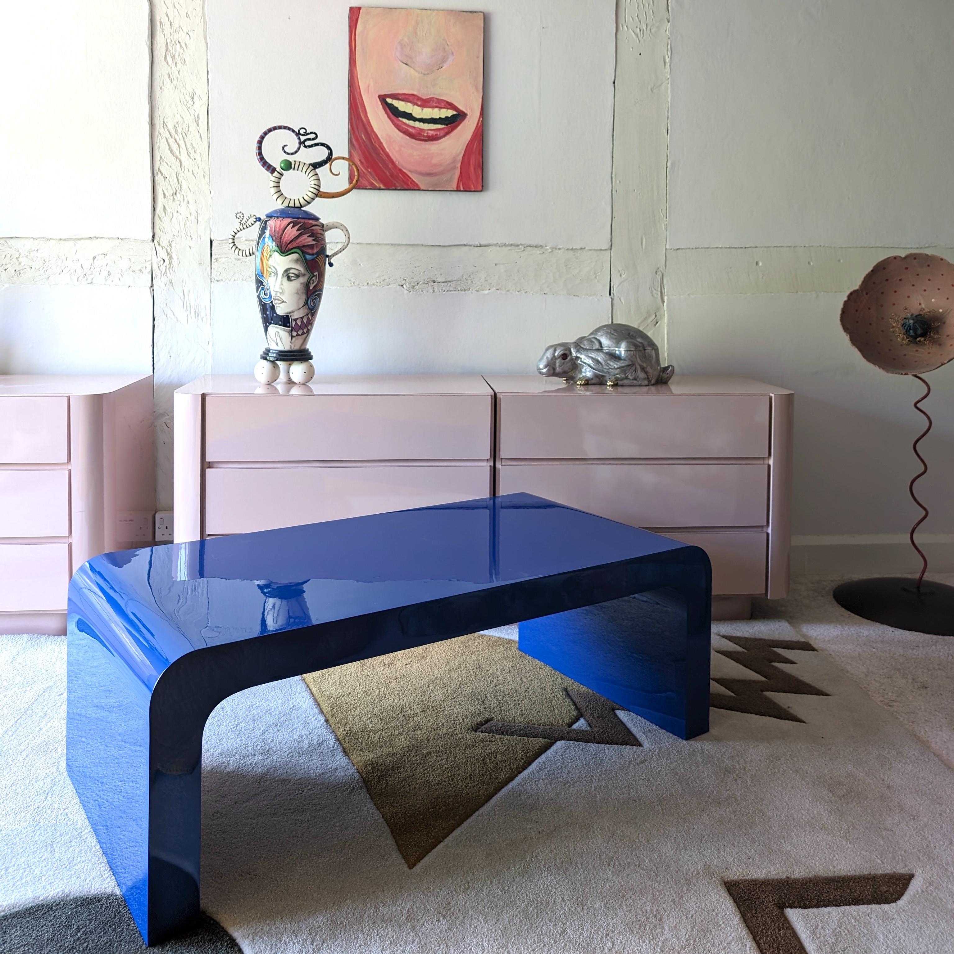 20th Century Large deep blue postmodern vintage lacquer waterfall coffee table, USA 1980s