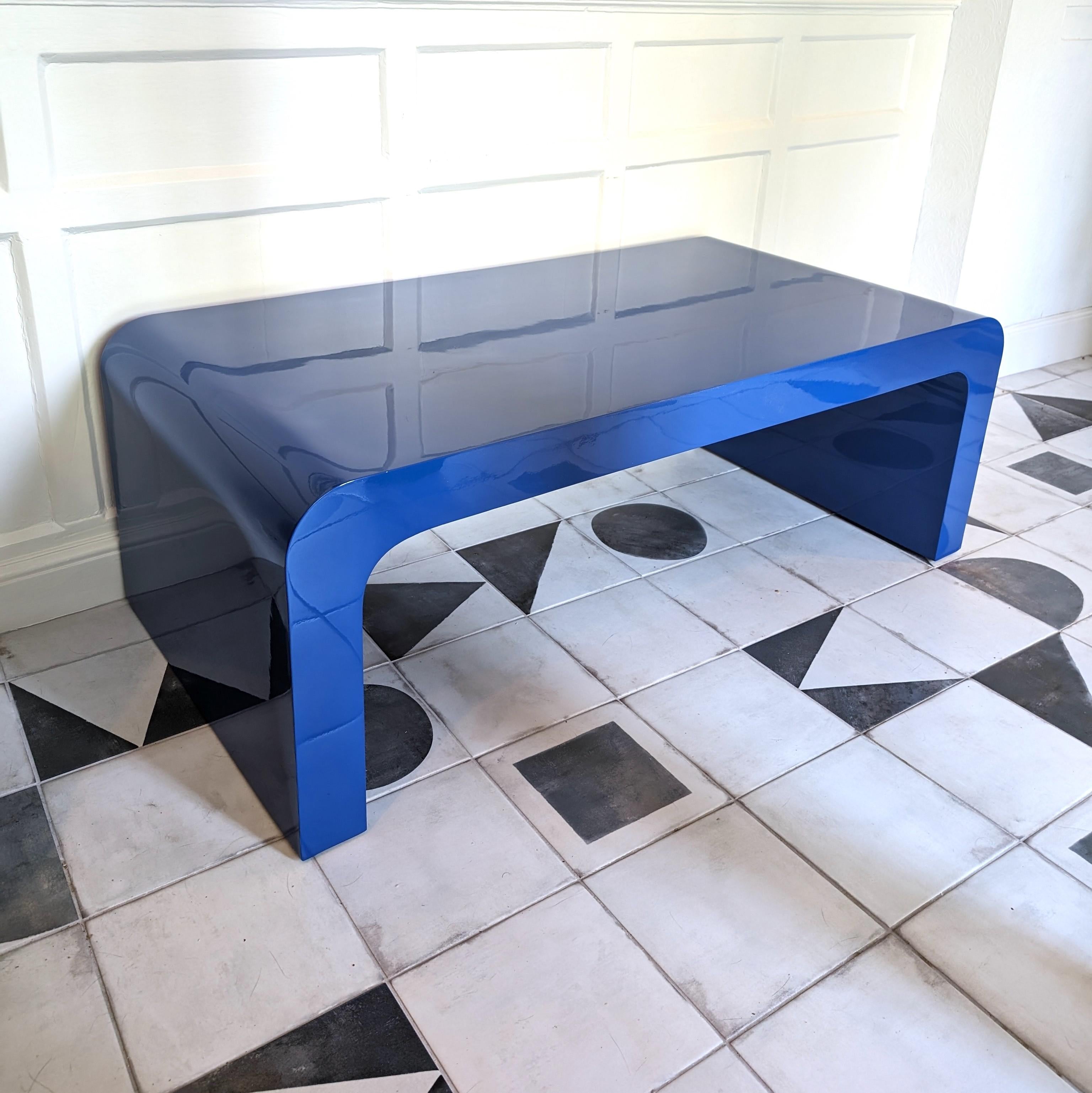 Plywood Large deep blue postmodern vintage lacquer waterfall coffee table, USA 1980s
