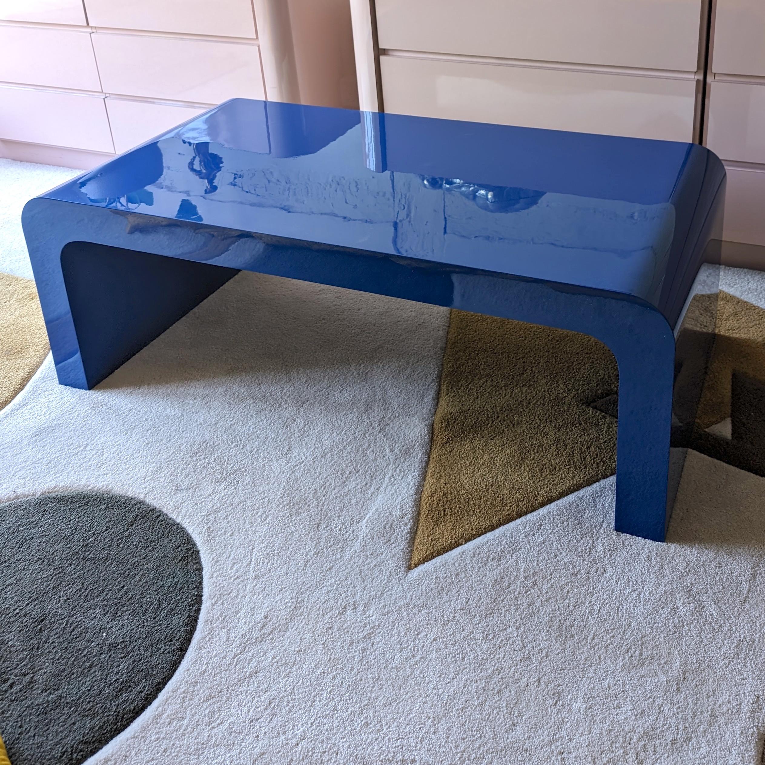 Large deep blue postmodern vintage lacquer waterfall coffee table, USA 1980s 1