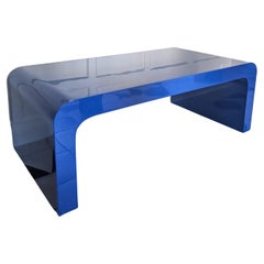 Large deep blue postmodern vintage lacquer waterfall coffee table, USA 1980s