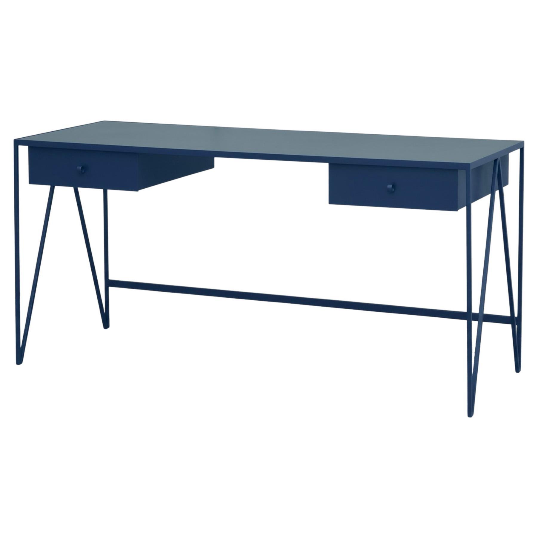 Large Deep Blue Study Desk with Linoleum Table Top & Two Drawers - Customizable For Sale