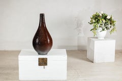 Large Deep Mahogany Brown Artisan Ceramic Vase with Honeycomb Texture
