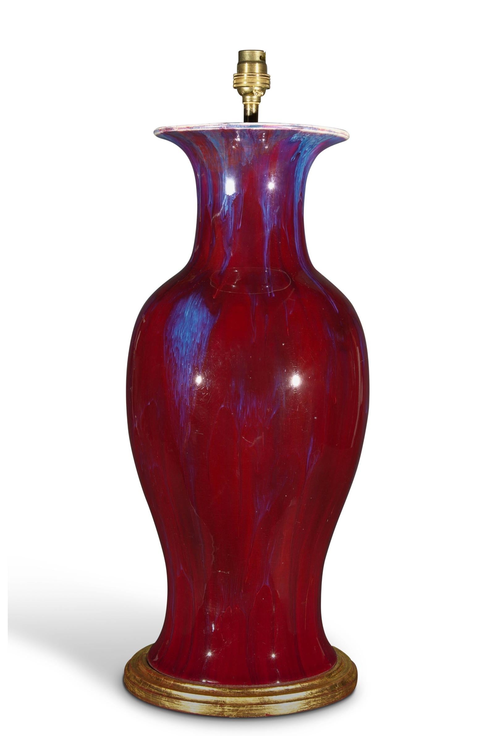 Glazed Large Deep Red 20th century Chinese Flambe Antique Table Lamp For Sale