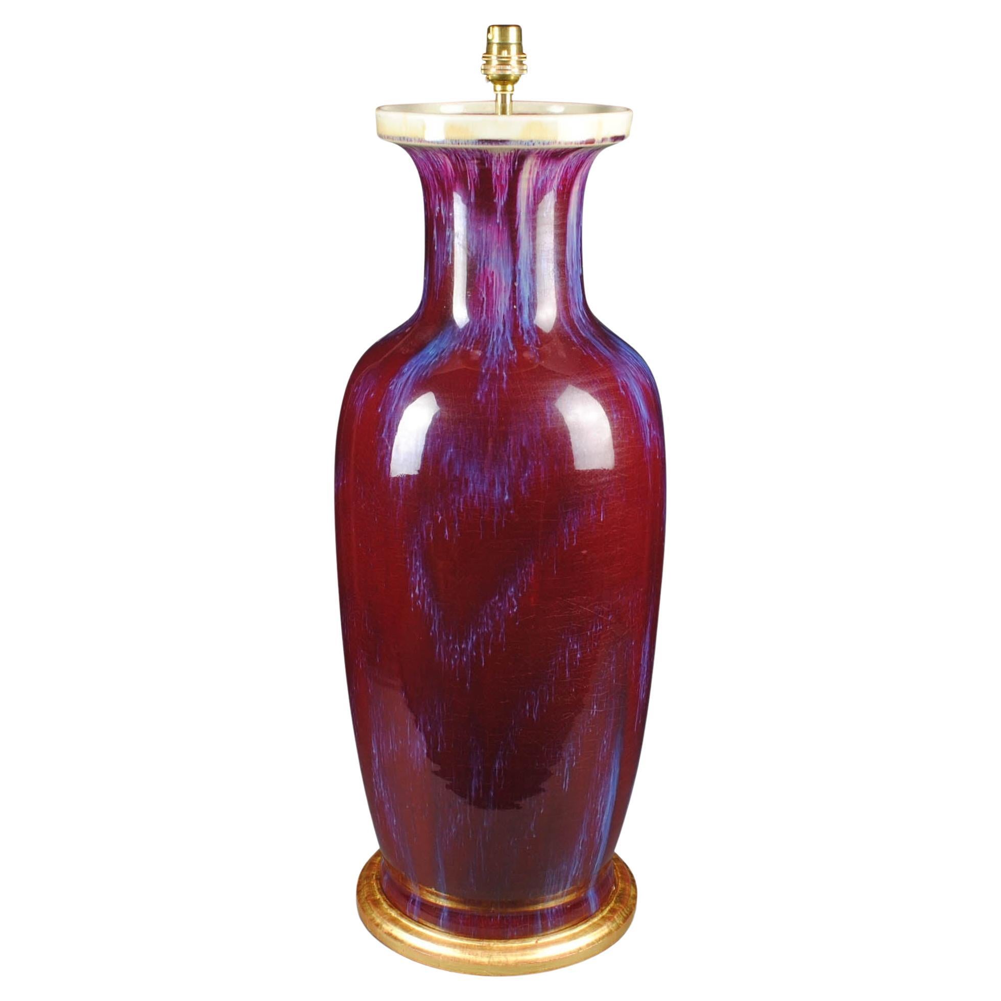 Large Deep Red 20th century Chinese Flambe Antique Table Lamp For Sale