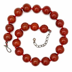 Large Deep Rich Orange Carnelian Bead Strand Adjustable Necklace w/ Silver Clasp