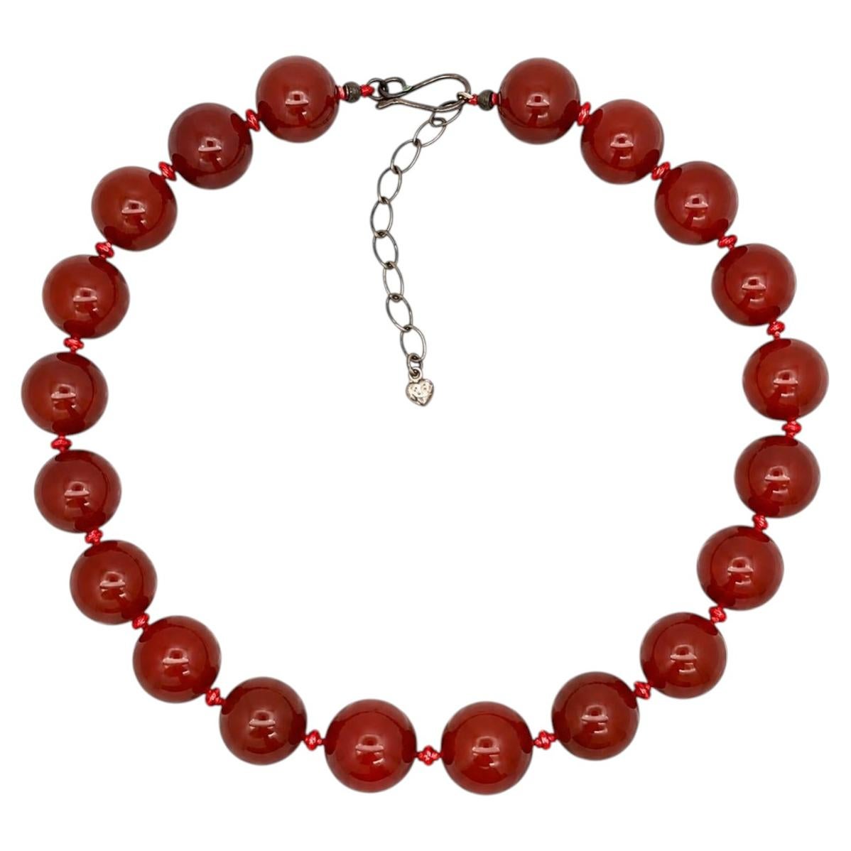 Large Deep Rich Orange Carnelian Bead Strand Adjustable Necklace w/ Silver Clasp