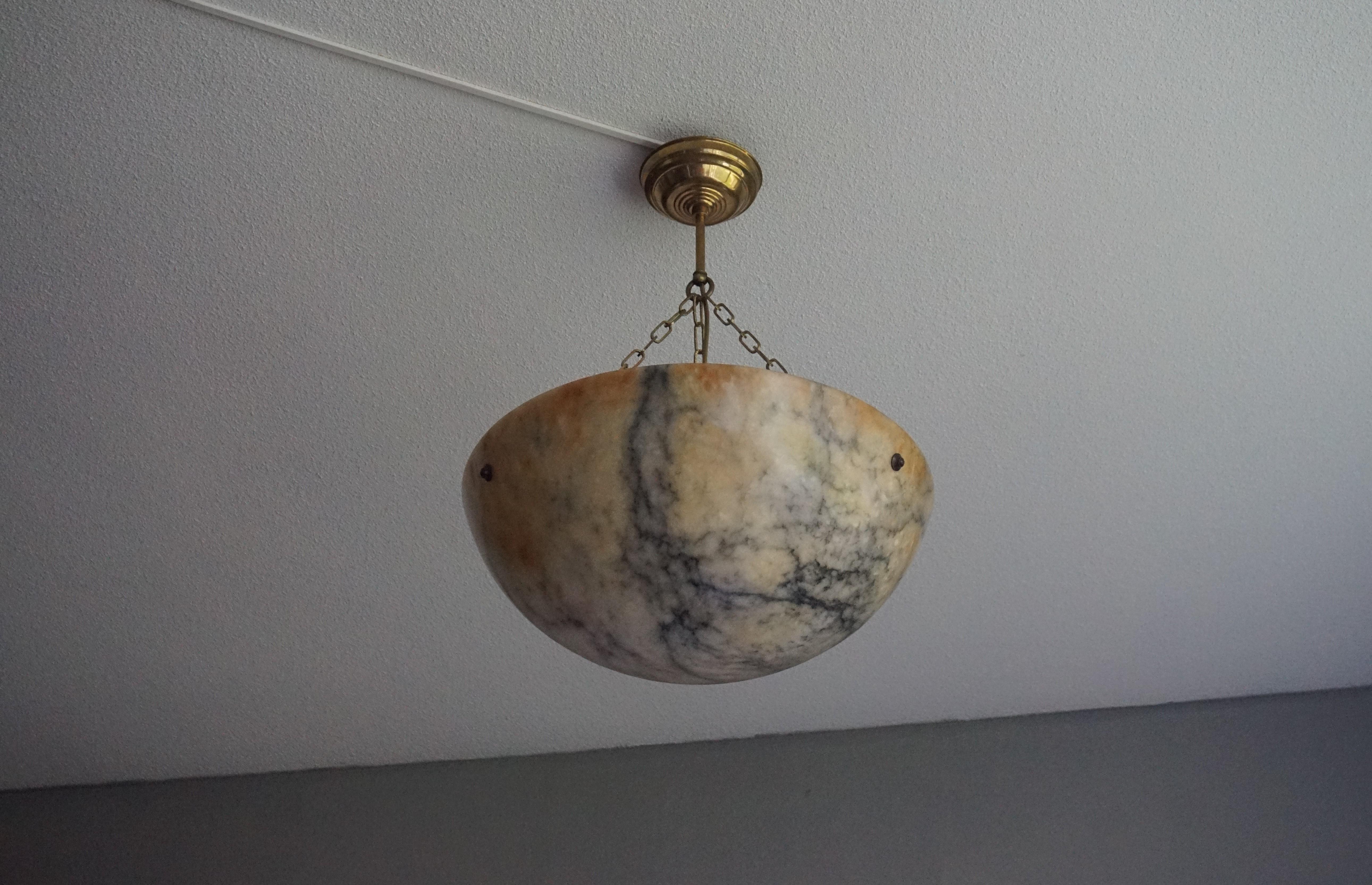 Large & Deep, White & Amber Color Alabaster Pendant w. Black Veins & Brass Chain 3