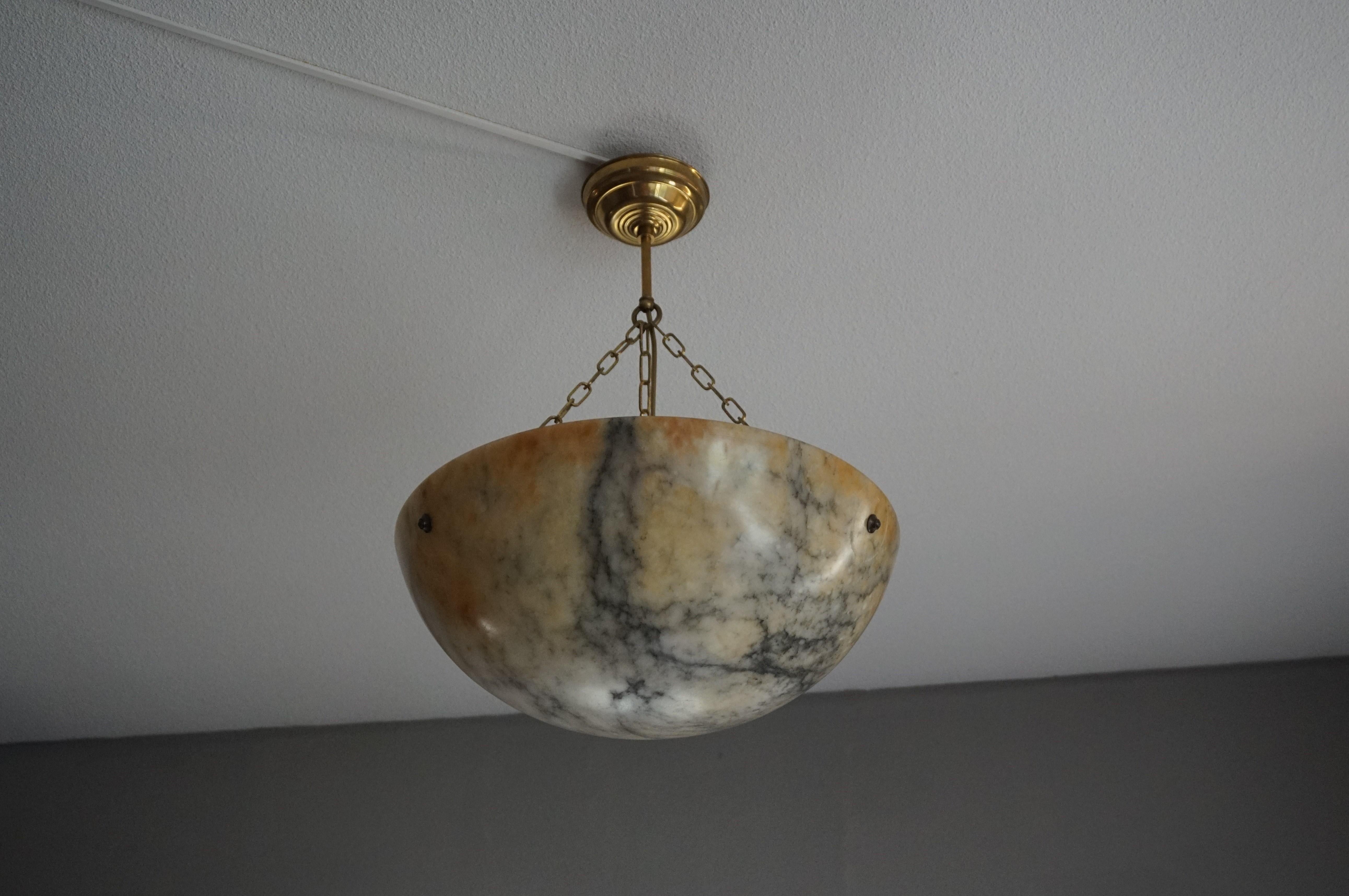 Large & Deep, White & Amber Color Alabaster Pendant w. Black Veins & Brass Chain 4