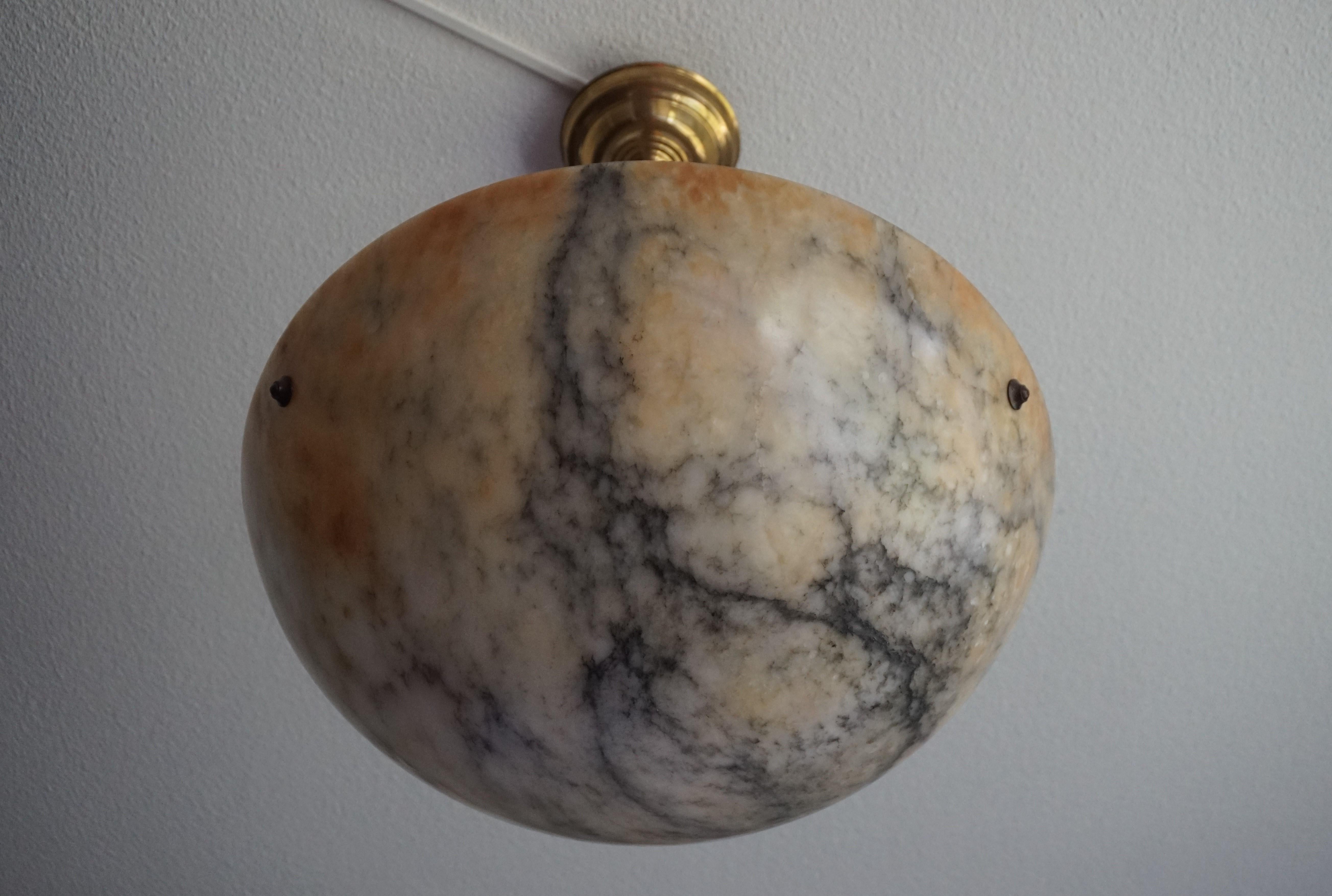Large & Deep, White & Amber Color Alabaster Pendant w. Black Veins & Brass Chain 7