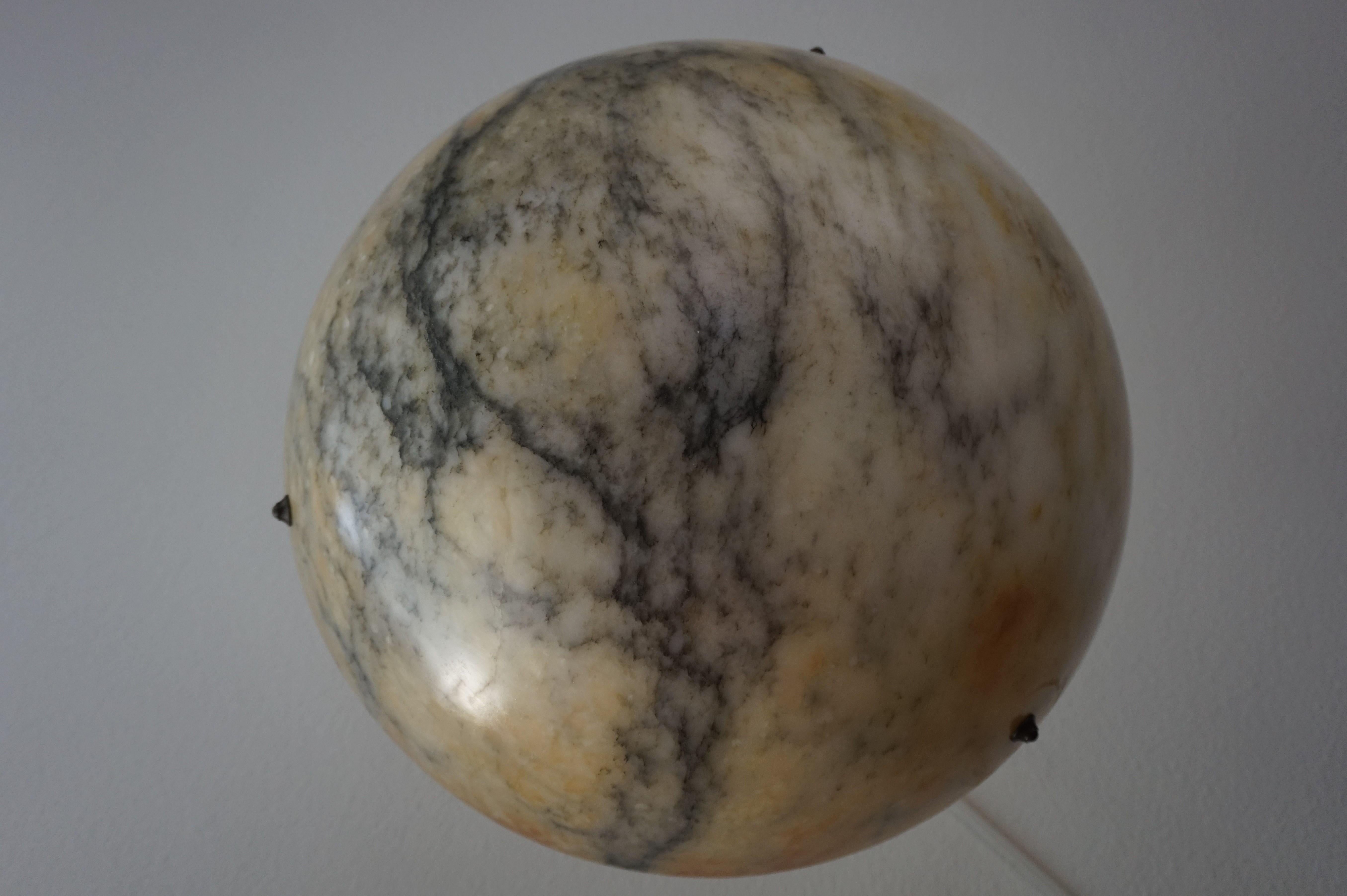 Large & Deep, White & Amber Color Alabaster Pendant w. Black Veins & Brass Chain 8