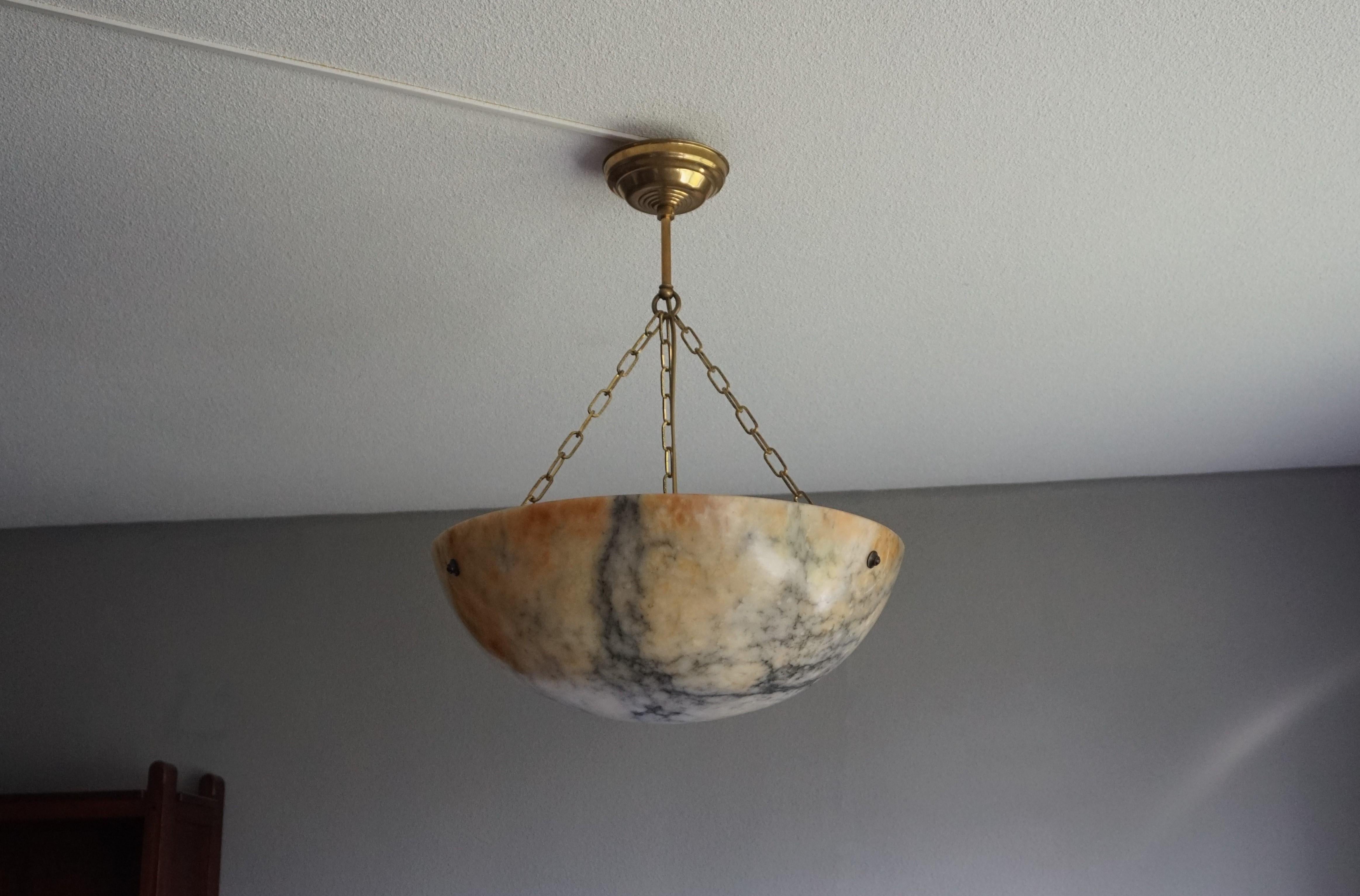 Large & Deep, White & Amber Color Alabaster Pendant w. Black Veins & Brass Chain 9