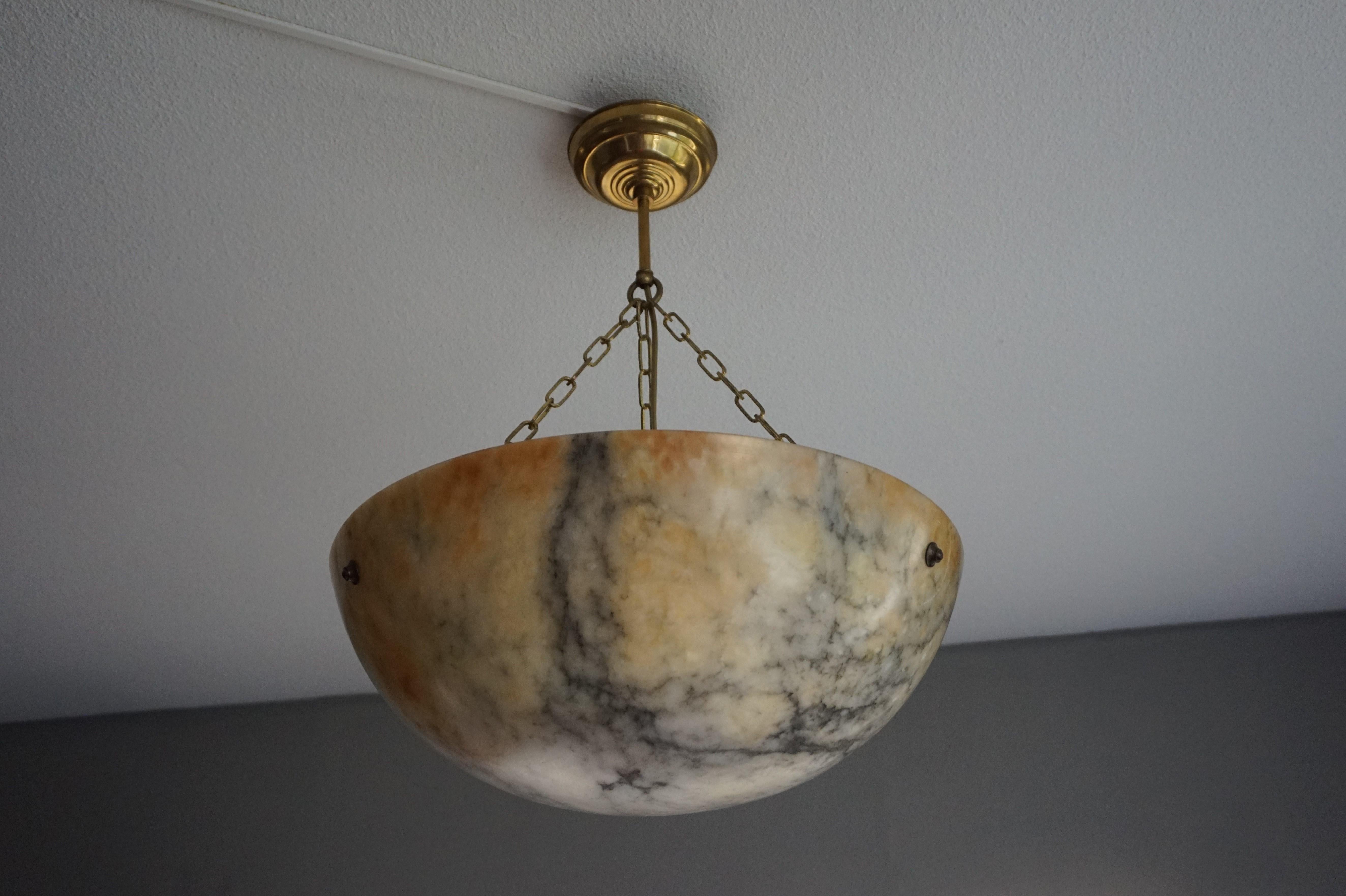 Large & Deep, White & Amber Color Alabaster Pendant w. Black Veins & Brass Chain 10