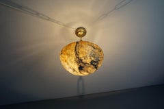 Large & Deep, White & Amber Color Alabaster Pendant w. Black Veins & Brass Chain