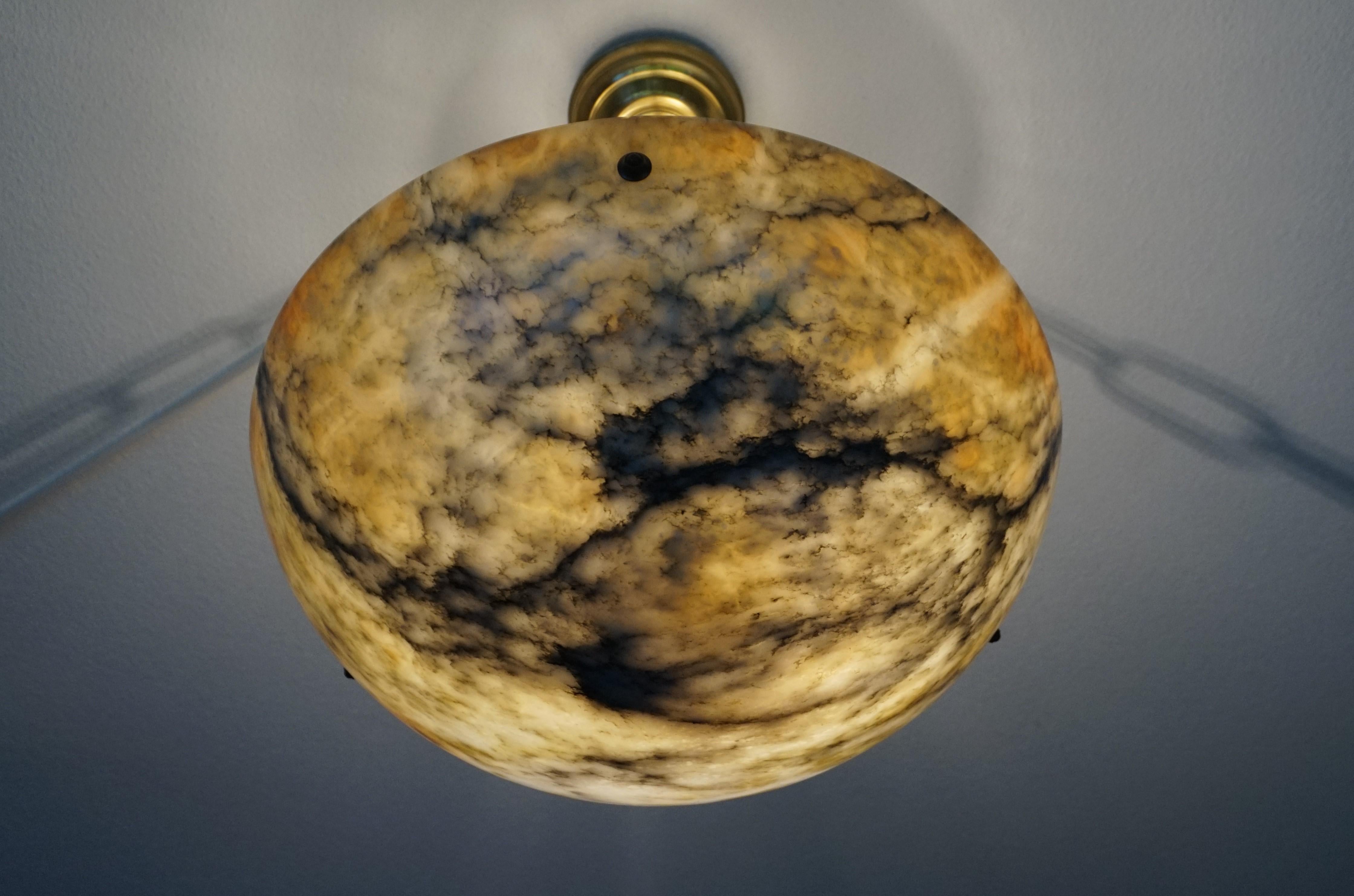 Large & Deep, White & Amber Color Alabaster Pendant w. Black Veins & Brass Chain 13