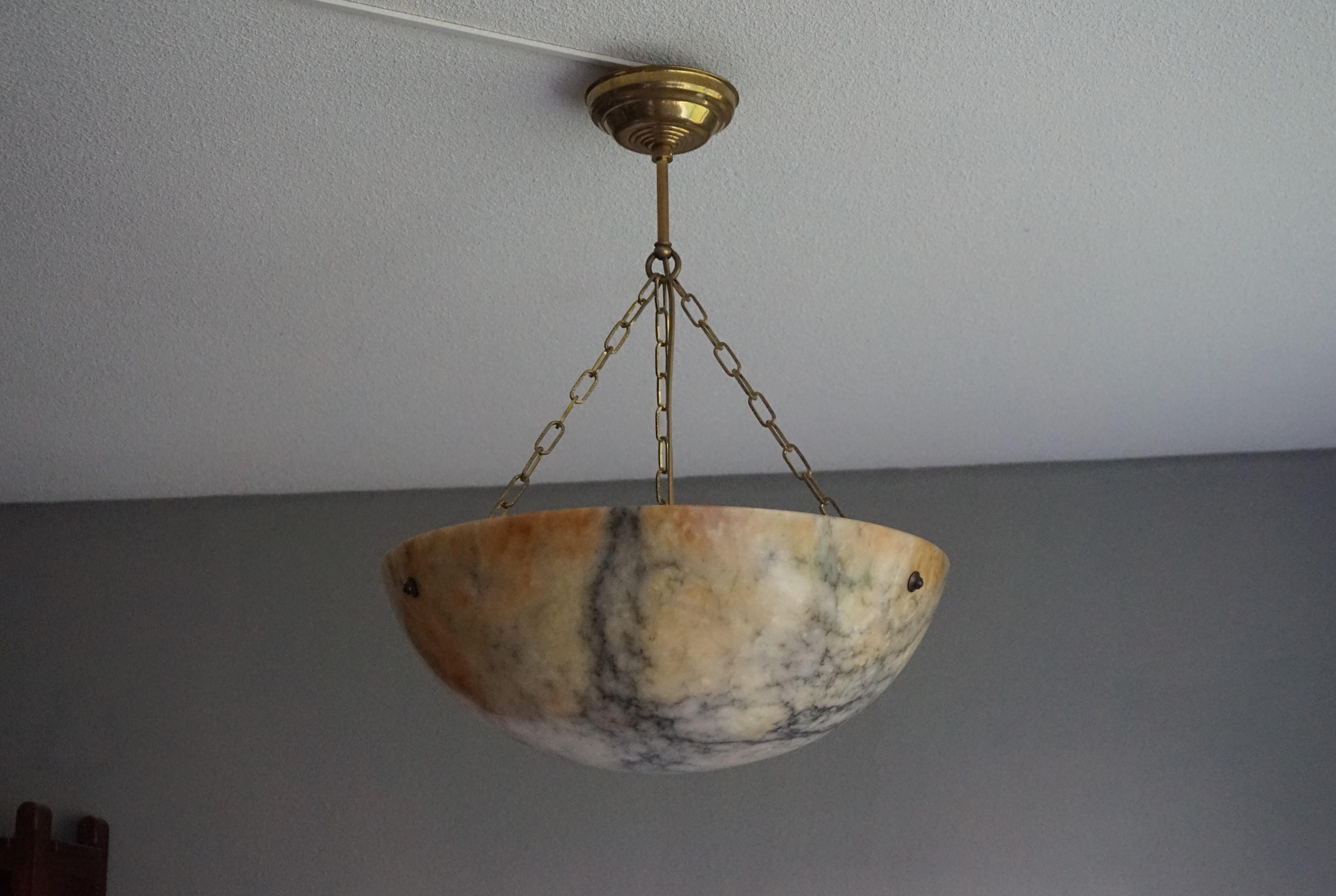 American Classical Large & Deep, White & Amber Color Alabaster Pendant w. Black Veins & Brass Chain