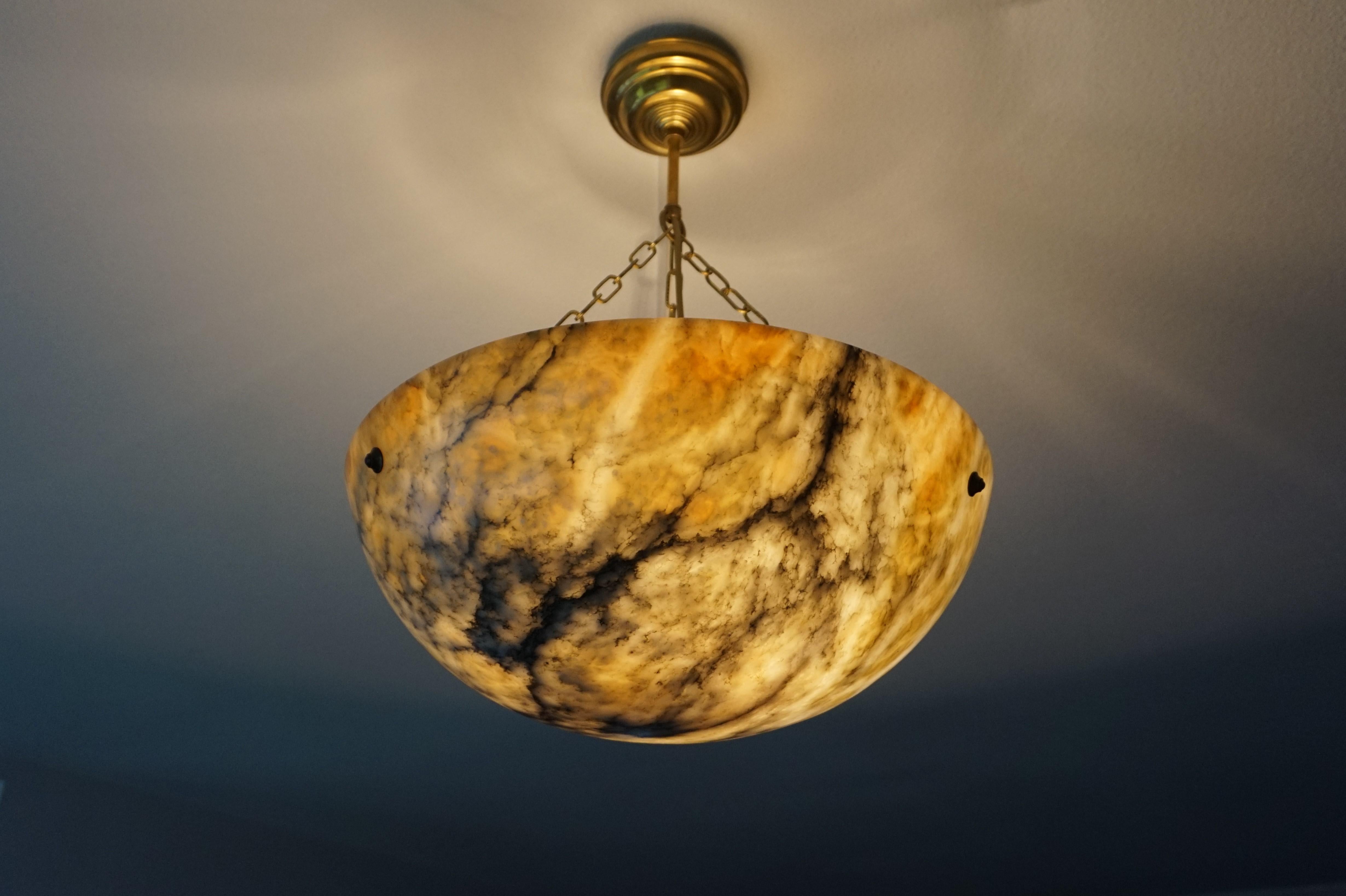 Hand-Carved Large & Deep, White & Amber Color Alabaster Pendant w. Black Veins & Brass Chain