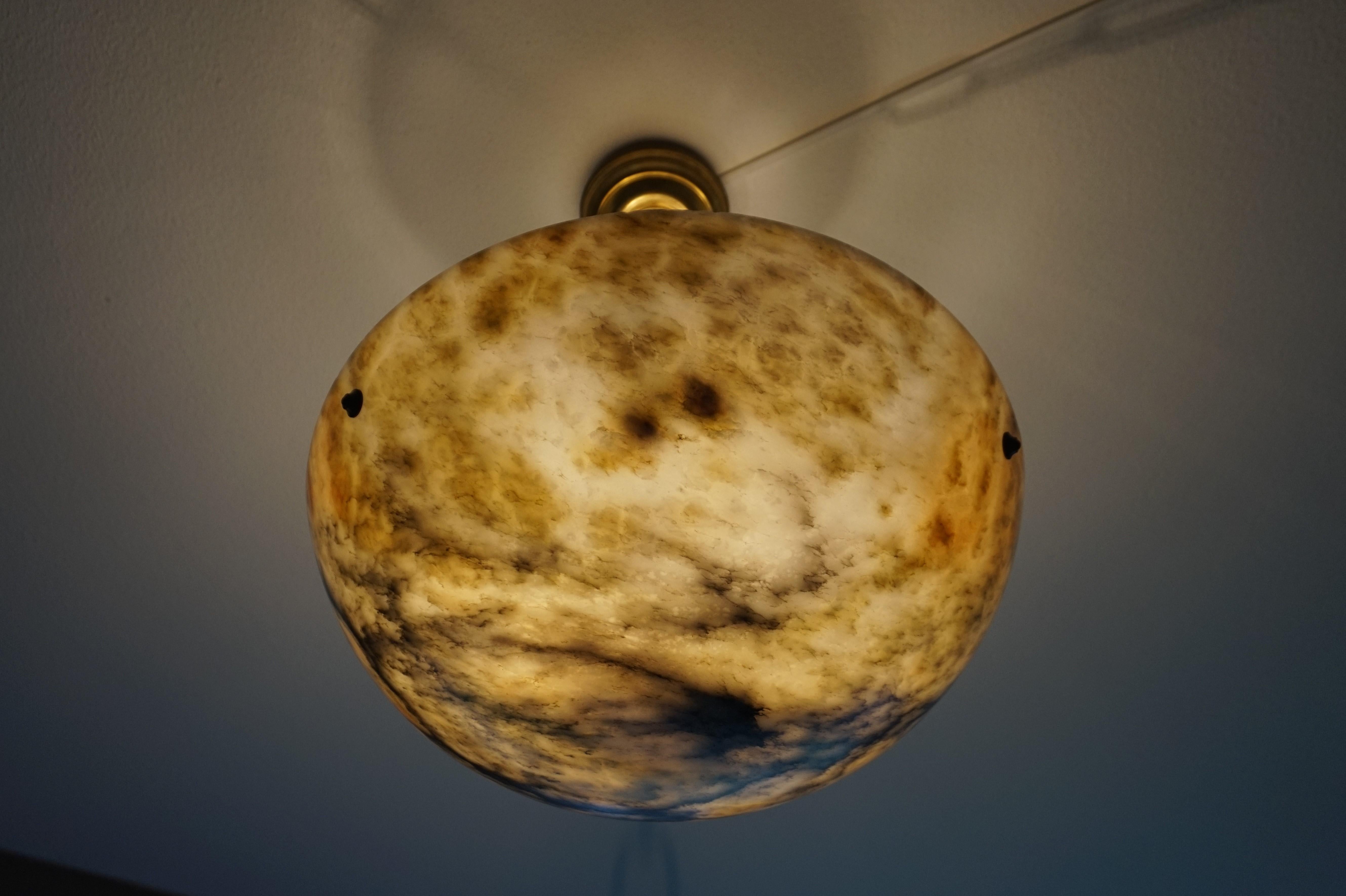 20th Century Large & Deep, White & Amber Color Alabaster Pendant w. Black Veins & Brass Chain