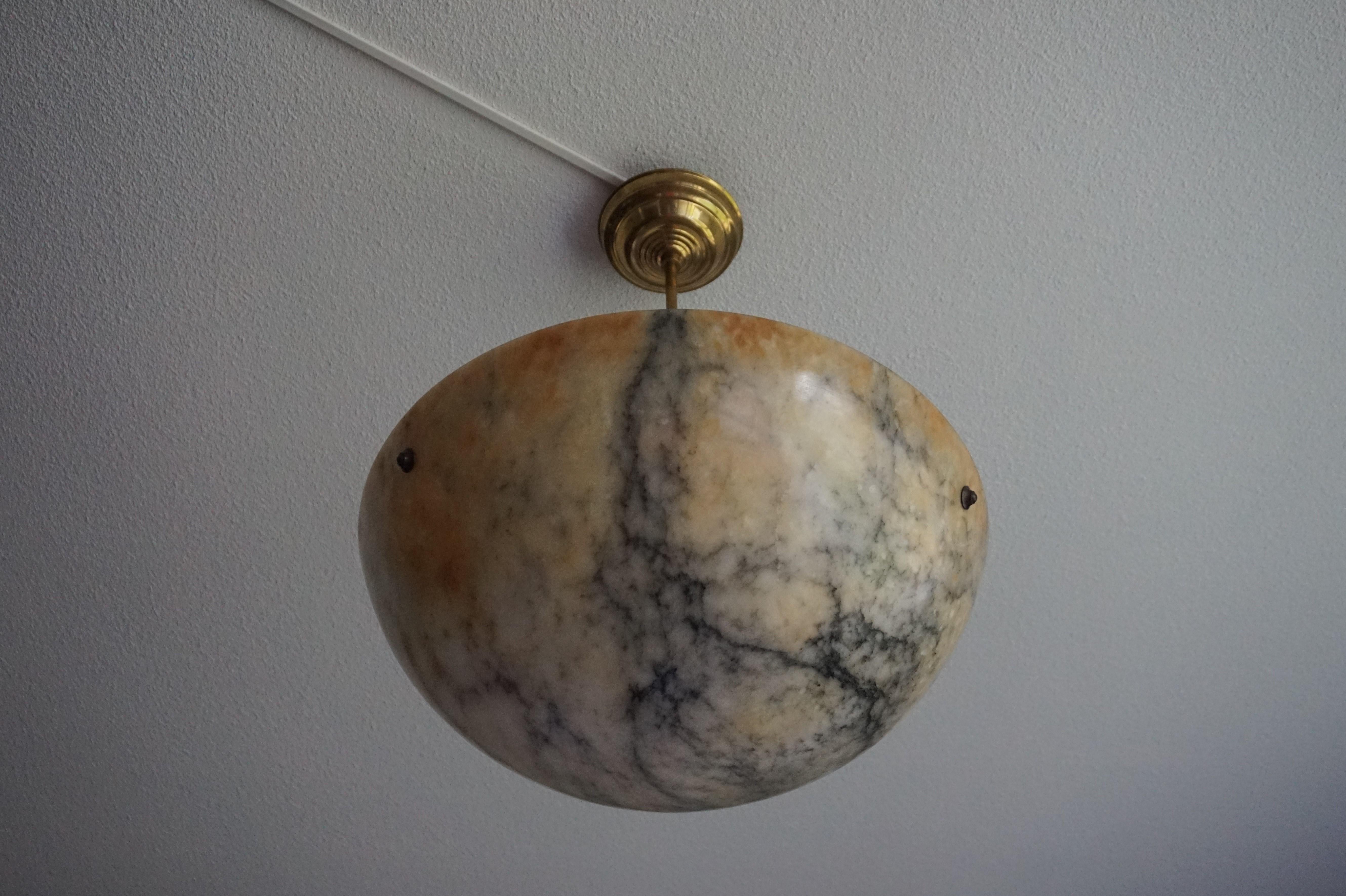 Large & Deep, White & Amber Color Alabaster Pendant w. Black Veins & Brass Chain 2