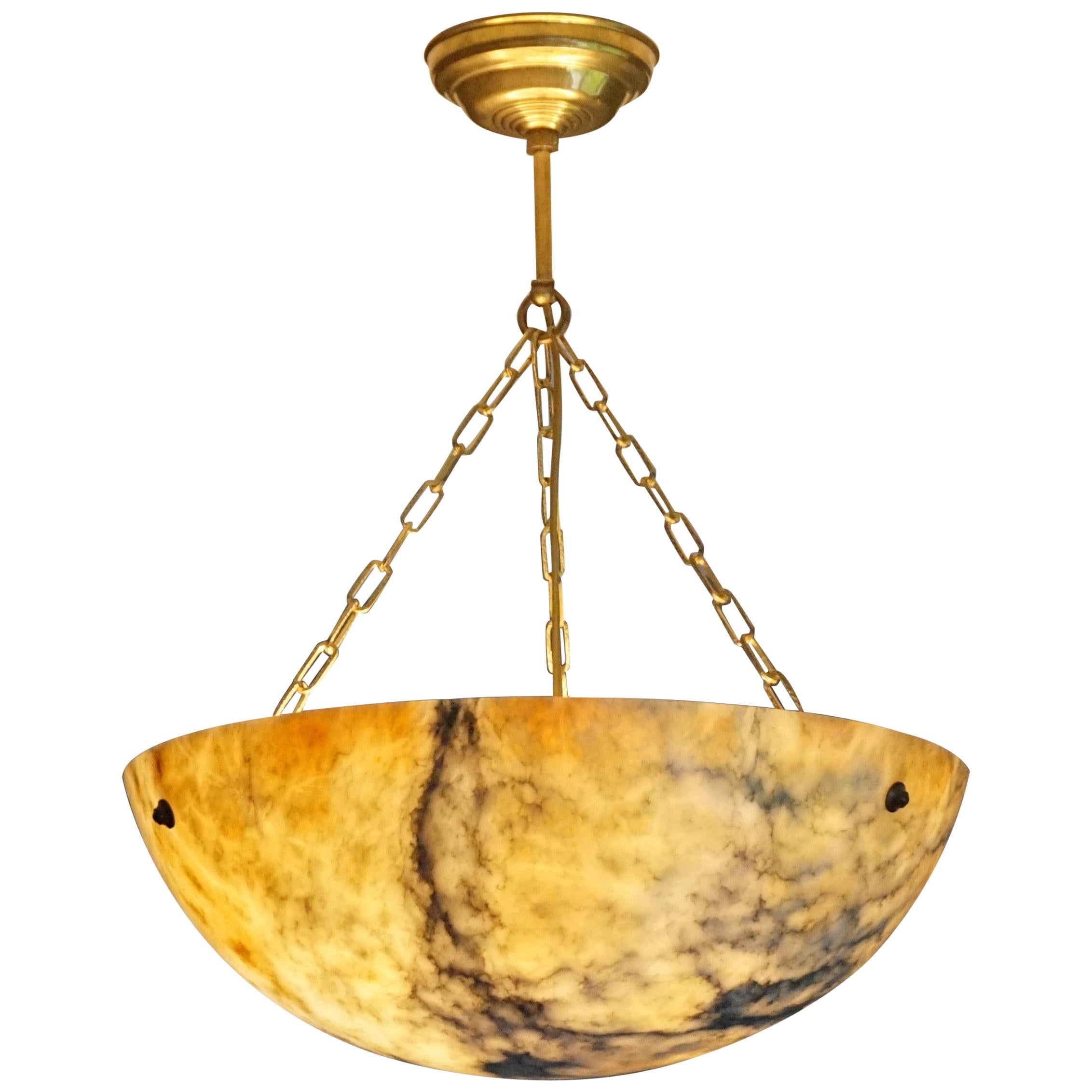 Large & Deep, White & Amber Color Alabaster Pendant w. Black Veins & Brass Chain