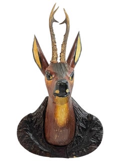 Large Deer Head primitive Black Forest Hand Carved Folk Art Wooden Trophy