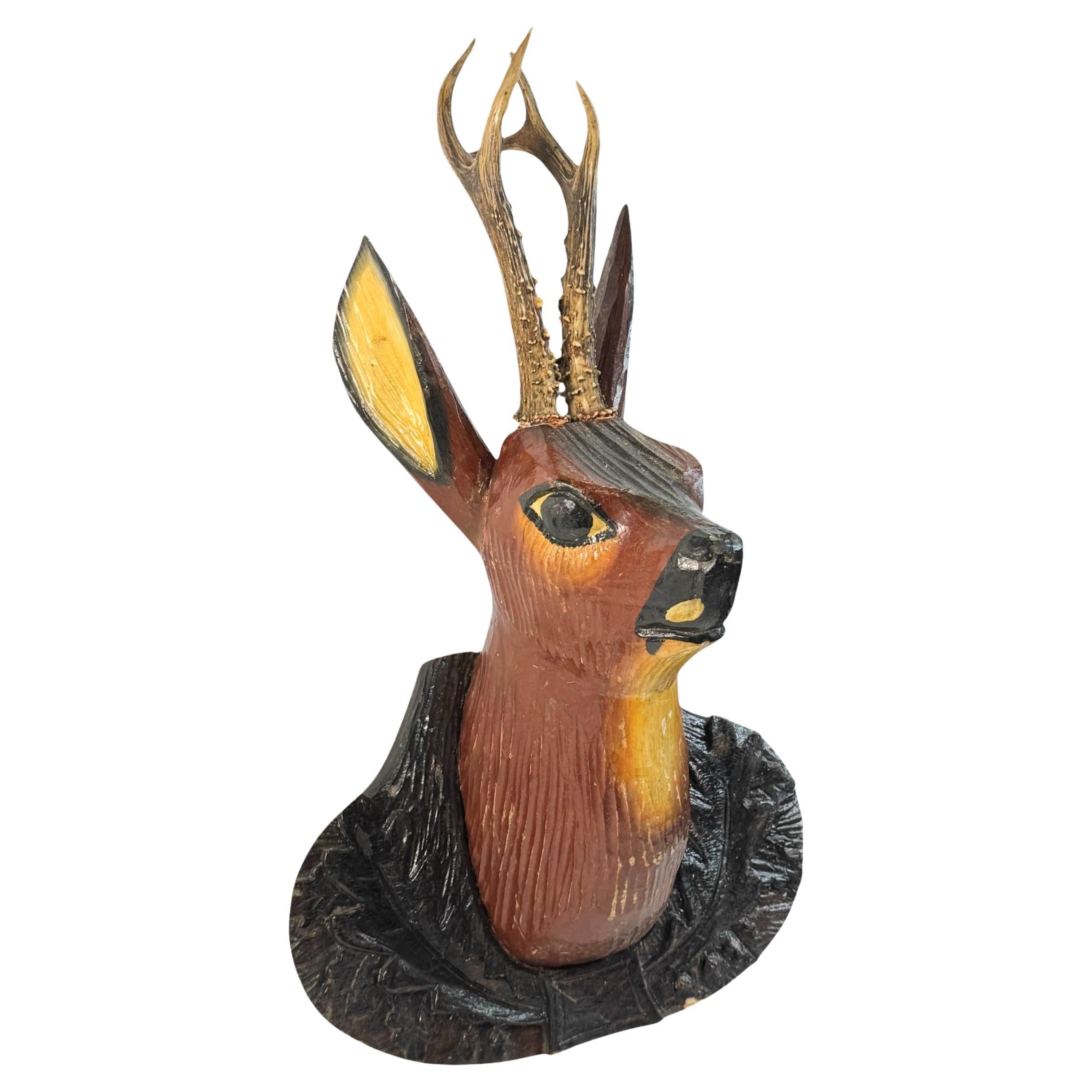 Large Deer Head primitive Black Forest Hand Carved Folk Art Wooden Trophy