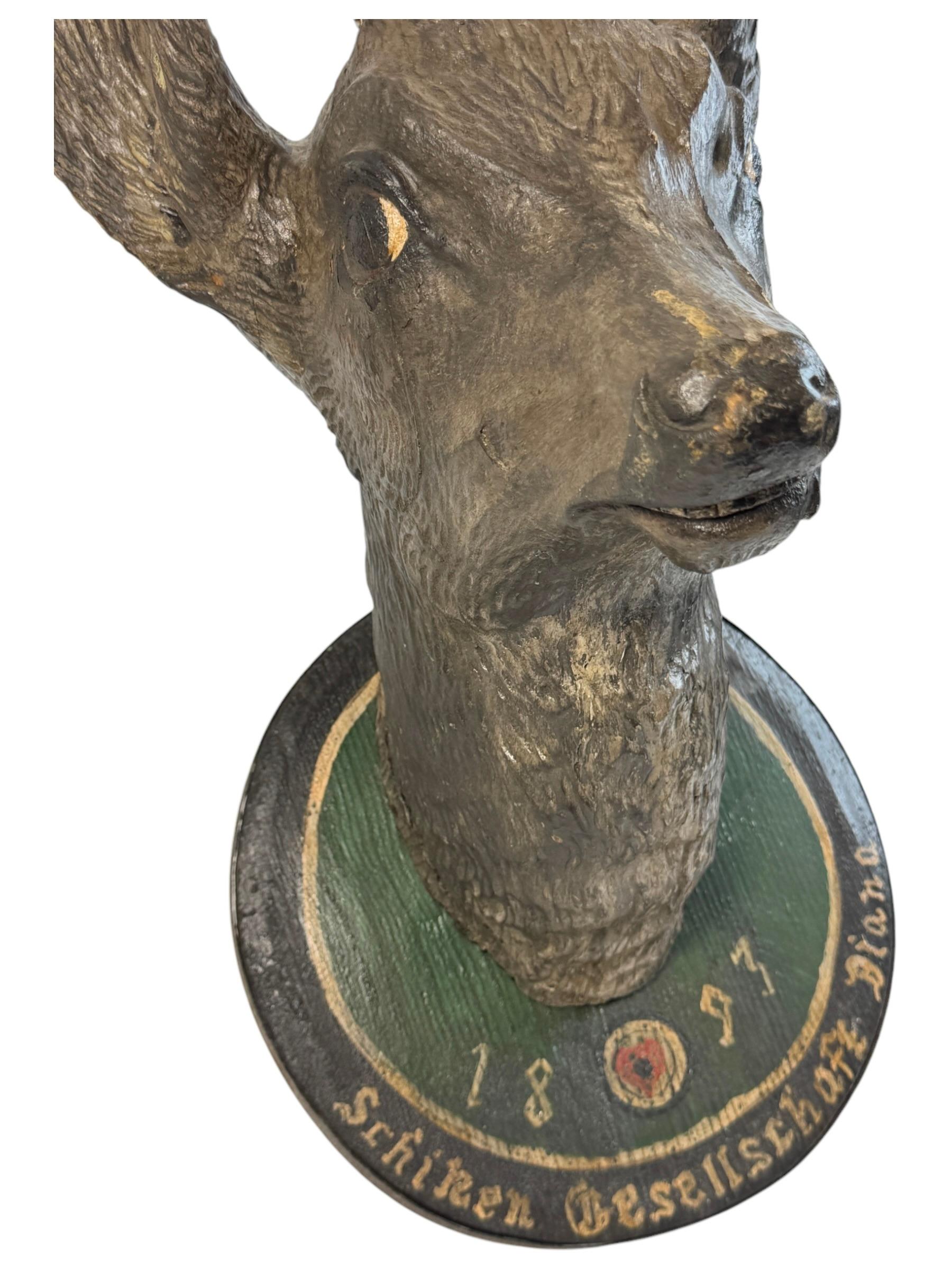 Large Deer Head Shooting Lodge Sign Black Forest Folk Art Wooden Trophy 1893 For Sale 4