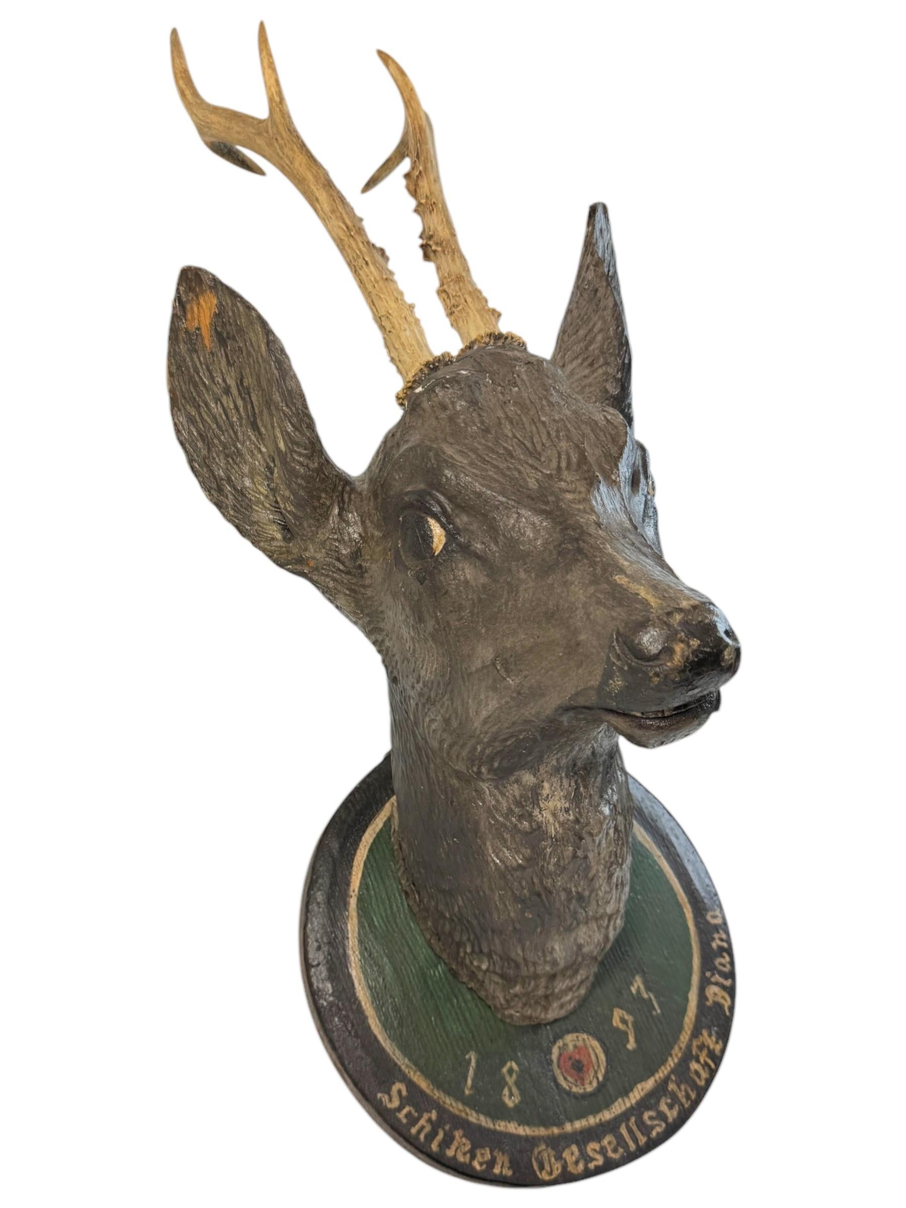 Large Deer Head Shooting Lodge Sign Black Forest Folk Art Wooden Trophy 1893 For Sale 5