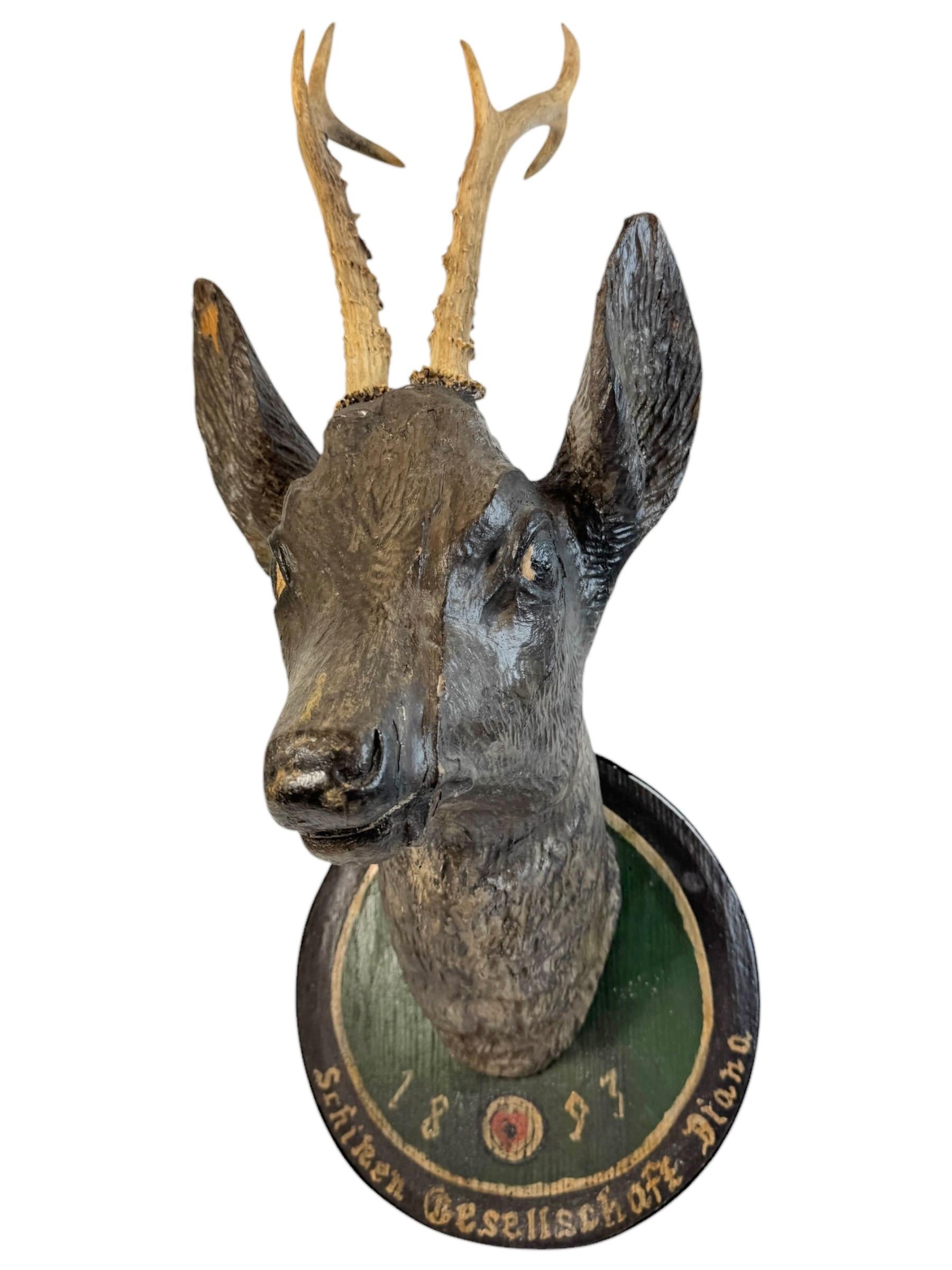 A great looking hand carved original wooden Folk Art wall decoration and shooting lodge plaque. A great piece for a suitable ambiance in a trophy room or the office of a Hunter or Woodsman. More than likely one of the Folk Art items made in the 19th