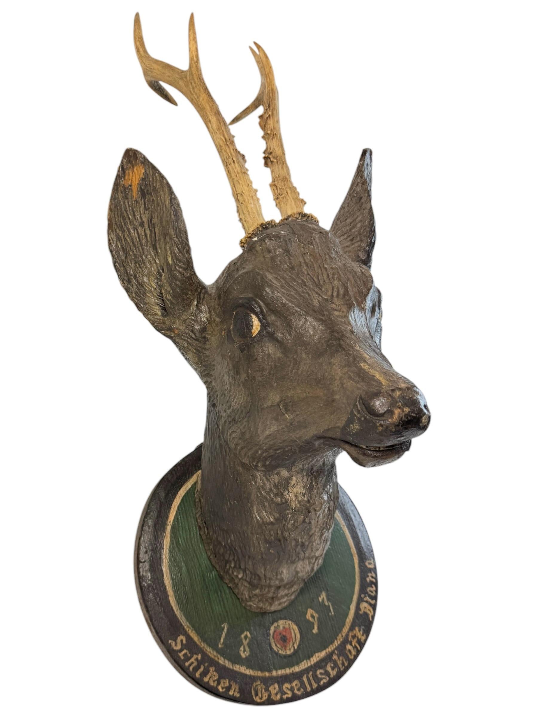 Austrian Large Deer Head Shooting Lodge Sign Black Forest Folk Art Wooden Trophy 1893 For Sale