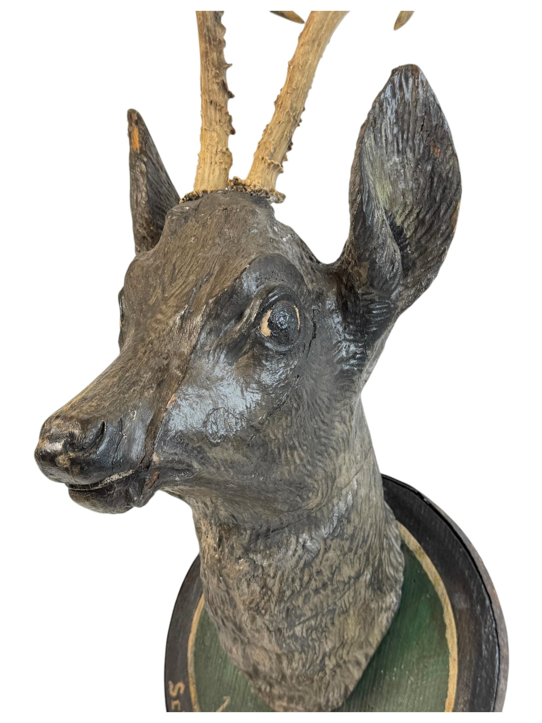 Late 19th Century Large Deer Head Shooting Lodge Sign Black Forest Folk Art Wooden Trophy 1893 For Sale