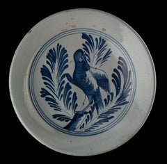 Large Delft Blue and White Charger with a Bird on a Branch, Harlingen, 1775-1800