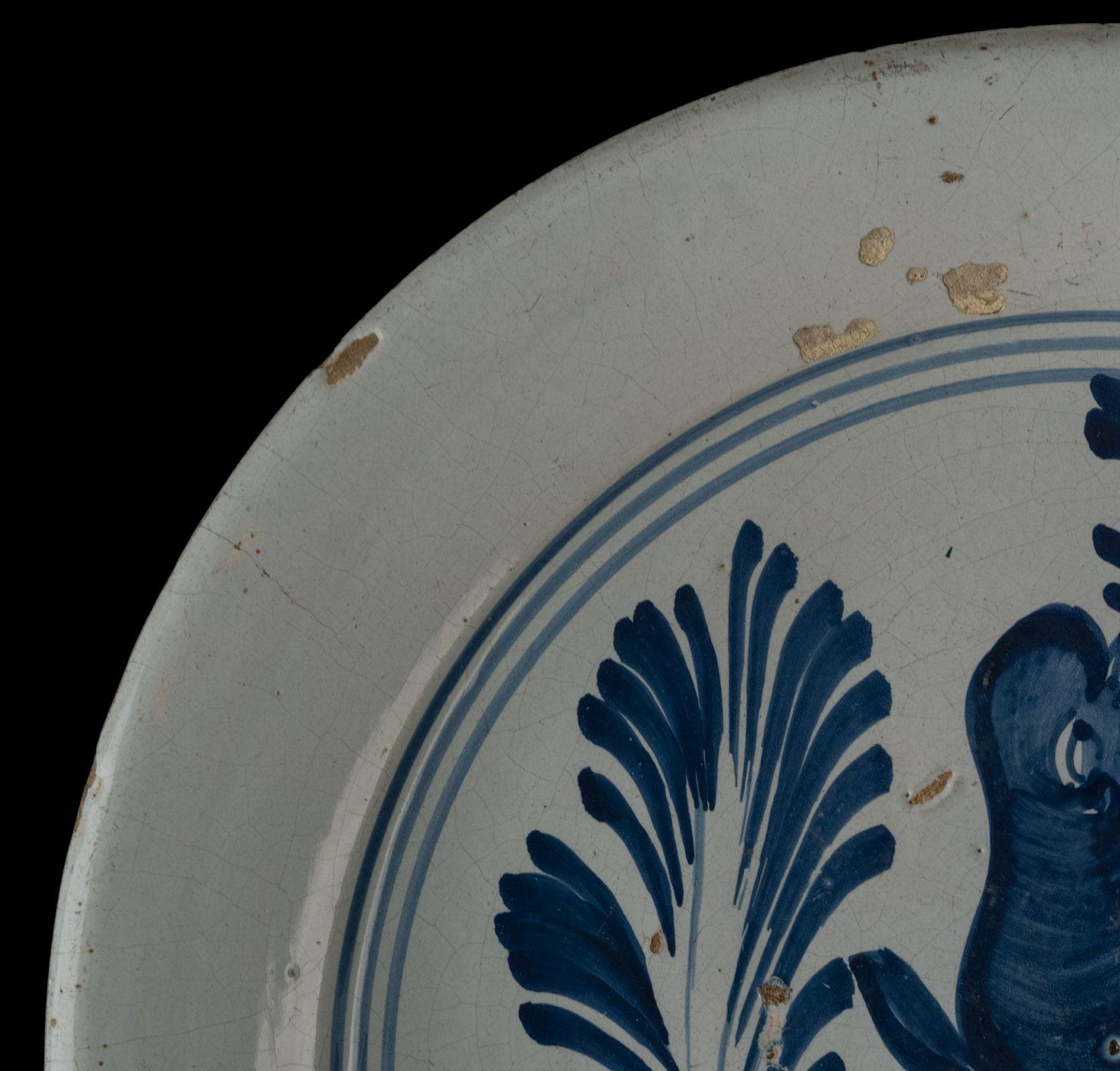 Dutch Large Delft Blue and White Charger with a Bird on a Branch, Harlingen, 1775-1800 For Sale