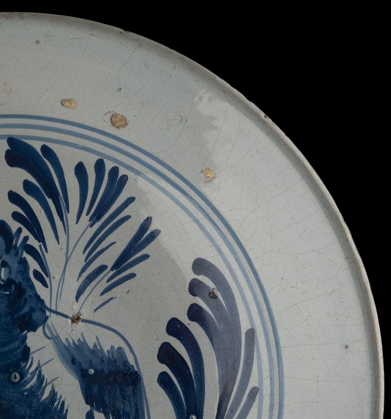 Glazed Large Delft Blue and White Charger with a Bird on a Branch, Harlingen, 1775-1800 For Sale