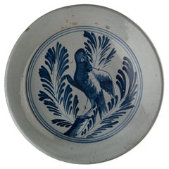 Large Delft Blue and White Charger with a Bird on a Branch, Harlingen, 1775-1800