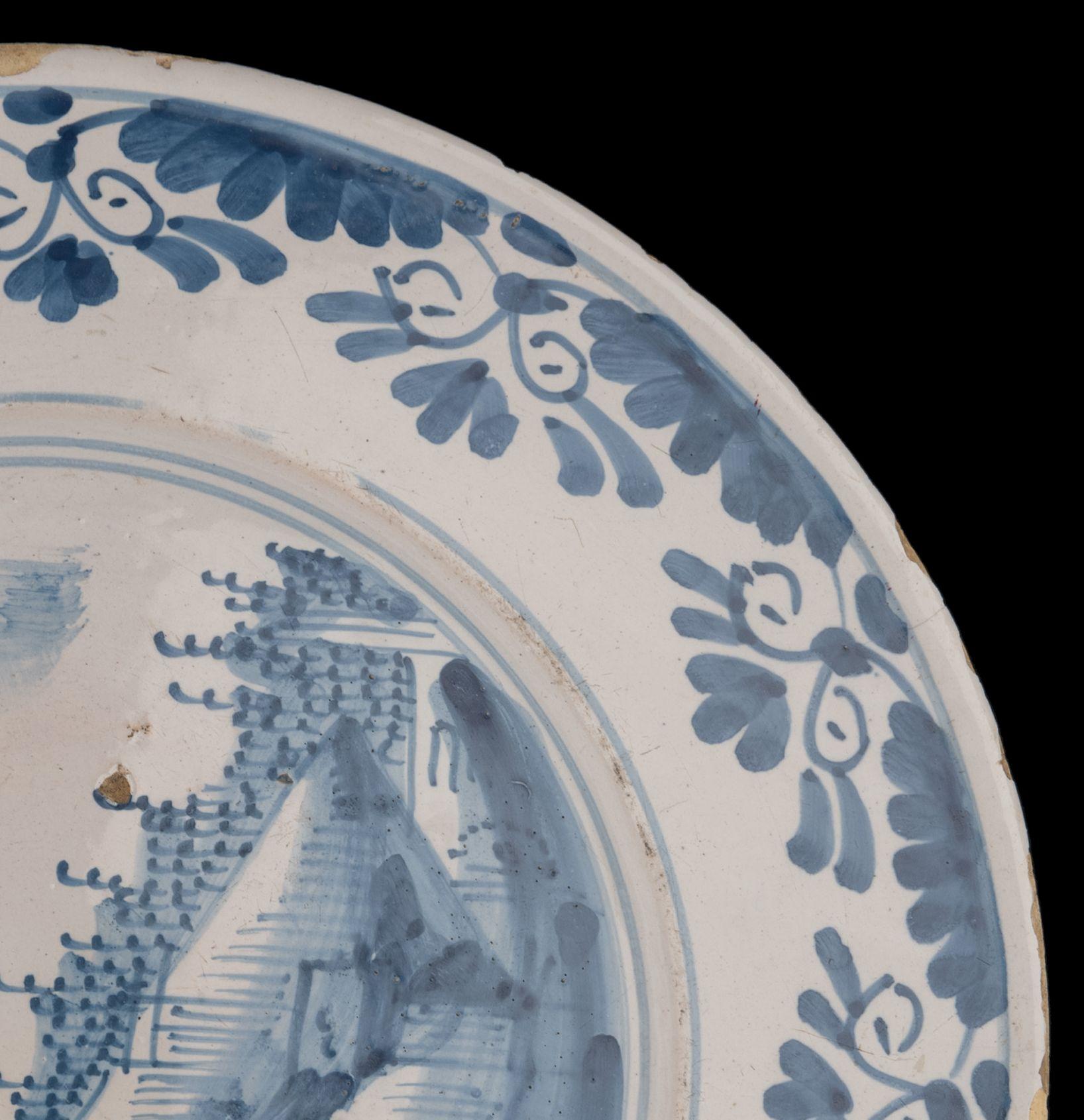 Large Delft Blue and White Charger with Landscape, Netherlands, circa 1660 For Sale 2